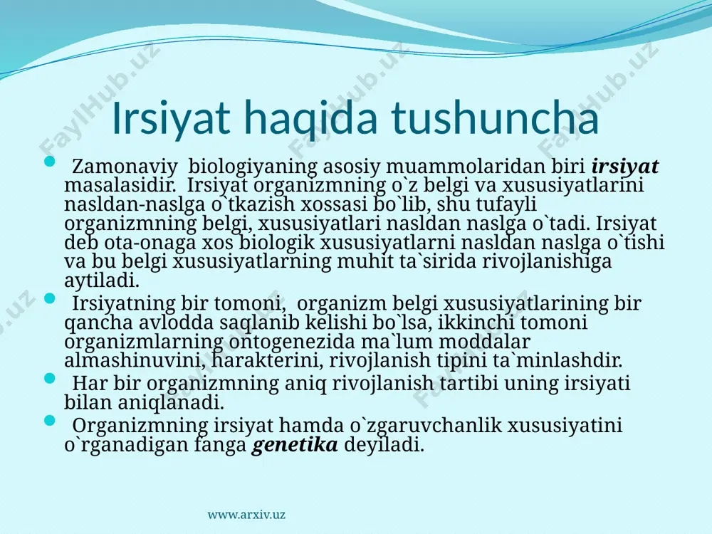 `z ichiga oladi, tug`ilgandan so`ng yashash uchun kerak bo`lgan ancha narsani bajaradi. homiladorlik vaqti 38hafta davom etadi. urug`lantirilgan kundan boshlab 1-8hafta davomida rivojlanayotgan odam embrion deb ataladi. homiladorlikning 1-haftalarida embrion qobig`i rivojlanadi, 1-oyning oxiriga borib embrionning kattaligi 10 mm ga yetadi. 2-oyning oxirida 3marta, 4-oyning oxirida 30marta kattalashadi. 9-oyning oxirida 470 mm bo`ladi. homila vazni tez orta boradi. 3 oylikda 20 g, 6 oylikda 600-700 g, 9 oylikda 2400-2500 g bo`ladi. bu davrlarda embrion tanasida asosiy tizimlari shakllanadi. 8 haftadan so`ng homiladorlik vaqti tugagunga qadar rivojlanayotgan odam homila deb ataladi. www.arxiv.uz prenatal bosqich www.arxiv.uz irsiy kasalliklar organizm irsiyatini o`rganmay turib, nasldan-naslga o`tuvchi kasalliklarni oldini olish va davolash mumkin emas. tibbiyotda 2000 dan ortiq irsiy kasalliklar turi mavjud. ular xromosomalarning anomal yig`indisi, jinsiy hujayralarning o`zgarishi yoki mutatsiya ta`sirida paydo bo`ladi. ularga: xromosoma kasallilari, modda almashinuvi va immunitetning o`zgarishi, endokrin faoliyatiga doir, nerv sistemasi va qonga doir kasalliklar kiradi. www.arxiv.uz xromosoma kasalliklari …