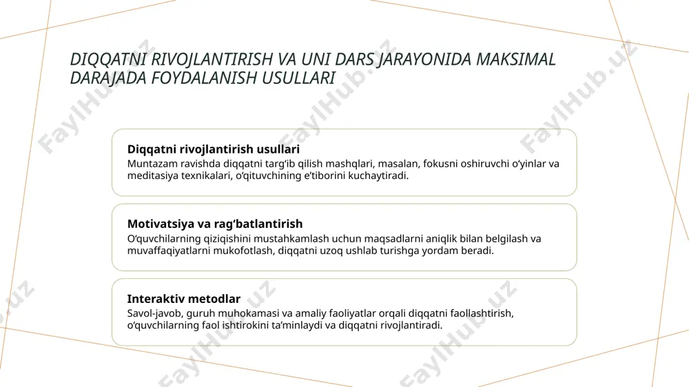 kuchaytiradi. 3 shaxsiy va ijtimoiy motivatsiya o‘quvchilarning shaxsiy ehtiyojlari va ijtimoiy muhit bilan bog‘liq motivatsiyalarni tushunish, ularni o‘rganishga qiziqishini mustahkamlashga yordam beradi. diqqatni oshirish va uni samarali foydalanish uchun zamonaviy pedagogik yondashuvlar kognitiv yondashuvlar zamonaviy pedagogik yondashuvlar, masalan, kognitiv yondashuvlar, diqqatni rivojlantirishga yordam beradi. ular orqali o‘quvchilar faol fikrlash va muammoni hal qilishga intiladi. texnologik vositalar interaktiv ta’lim platformalari, mobil ilovalar va virtual laboratoriyalar diqqatni oshirishga imkon yaratadi. bu usullar o‘quv jarayonini ko‘proq qiziqarli va samarali qiladi. individual yondashuvlar individual yondashuvlar yordamida o‘qituvchi har bir o‘quvchining ehtiyojlariga mos usulni tanlaydi, diqqatni saqlash va uni maksimal darajada foydalanishni ta’minlaydi. oʻqituvchining diqqatini boshqarish va oʻquvchilarning eʼtiborini ushlab turish usullari diqqatni boshqarishning asosiy usullari o'qituvchi diqqatini boshqarish uchun vaqtni rejalashtirish, dars davomida muhim nuqtalarni ta'kidlash va diqqatni jamlash texnikalarini qoʻllash zarur. eʼtiborni saqlash texnikalari eʼtiborni uzoq davom ettirish uchun qisqa muhokama, savol-javob va interaktiv metodlardan foydalanish, shuningdek, vizual vositalar yordamida diqqatni ushlab turish …