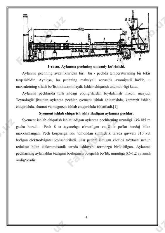 a bo‘ladi. uchlari maxkamlangan usuldagi zanjirlar samarador xisoblanadi. zanjirlarni o‘rnatishdan maqsad kuydirilayotgan materialni aloxida-aloxida bo‘laklarga ajratish jarayonini ta’minlashdir. aloxida bo‘laklarga ajralgan material qatlamida issiqlik almashinuvi jarayoni yaxshilanadi va ularning xarakatlanish jarayoni xam osonlashadi. zanjirlarni o‘rnatishda pechning aylanishi va materialning xarakat yo‘nalishi xisobga olinadi. zanjirlar pechning korpusiga payvandlangan xalqalarga osiladi. bir uchi maxkamlanmagan zanjirlar esa pech devoriga yupishib qolgan komponentlarni ko‘chirib, pech devorida qavatliklar, qatlamlar xosil bo‘lmasligini oldini oladi. 3-rasm.aylanma pechdagi zanjirlar (girlandiya usuli). syement ishlab chiqarish ishlatiladigan aylanma pechlar 7 zonadan iborat bo‘lib, ular quyidagicha nomlanadi: 1. quritish zonasi. pechning umumiy o‘lchamidan o‘rtacha 20% ini tashkil etadi. bu zonada umumiy issiqlikning 40% sarf bo‘ladi. bu zonada material tarkibidagi namlik yo‘qoladi va temperaturasi 180-2000s gacha ko‘tariladi. 2. isitish zonasi. pechning umumiy uzunligining 25% ini tashkil etadi. gaz temperatrasi 12000s atrofida, bu zonadan chiqayotgan materialning temperaturasi 6000s bo‘lib, bu zonada umumiy issiqlikning sarflanishi 25% atrofida. 3. kalsiylanish zonasi. pechning umumiy uzunligi 35%ini …