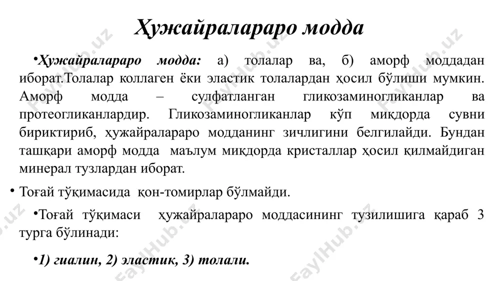 ашган бўлиб, ўсимталари ҳар бир суяк пластинкаларини тешиб утувчи суяк каналчаларида ётади. суяк каналчаларининг миқдори жуда кўп, улар ўзаро анастамозлар ҳосил қилиб, бутун суяк тўқимаси бўйлаб тарқалган. улар периваскуляр соҳа билан туташиб, озиқ моддаларнинг транспортини, ҳужайралар ва ҳужайралараро моддаларнинг алмашинувини таъминлайди. остеоцитда суст ривожланган донадор эндоплазматик тур, кам миқдорда митохондриялар, лизосомалар учрайди. бу ҳужайрада центриола топилмаган. шундай қилиб остеоцитлар моддалар алмашинувида иштирок этади ва бу ҳужайралар бўлинмайди, улар остеобластлардан ҳосил бўлади. остеоцит: в – схема; г – сэм остеокластлар остеокластлар – тоғайни (суяк тўқимаси ривожланишида), суяк тўқимасини (ёшга қараб ўзгаришида, регенерациясида) емиришда иштирок этади. шаклланган суяк тўқимасида улар учрамайди. остеокластлар нисбатан йирик (100 мкм) ҳужайралар бўлиб, кўп ядроли (3-5-7 ва ундан кўпрок), овал шаклда. цитоплазмаси ацидофил, унда емирувчи хошия, тиниқ, везикуляр ва базал соҳалар тафовут қилинади. емирувчи хошия – остеобластларнинг фаол периферик соҳаси бўлиб, бу ерда атроф суяк тўқимасининг емирилиши кузатилади. бу ҳошиялар микроворсинкаларни эслатиб, плазмолемманинг цитоплазматик ўсимталари сифатида намоён …
