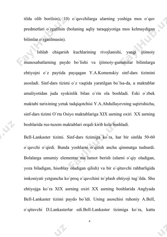 ham deb atashadi) mashhur pedagoglar d.dyui, e. dyui xayrixohligi, qo`llab quvvatlashi oqibatida aqshda yelena parkxerst tomonidan asoslangan edi. dalton-shaharning nomi.dalton-reja tizimiga ko`ra har bir o`quvchi o`zining imkoniyatiga yarasha individual o`qirdi. darslarda har bir o`quvchining kuchi etadigan mustaqil ish asosida bolalarning o`quv ishlari tashkil etilardi. o`quvchilarning o`zlashtirishini nazorat etish uch xil kartochka asosida olib borilgan: instruktorning laboratoriya kartochkasi; o`quvchining shaxsiy individual hisob-kitob kartochkasi; sinfning hisob-kitob kartochkasi.instruktorning laboratoriya kartochkasida o`rganiladigan o`quv predmeti, sinf o`quvchilarining ismi familiyasi, o`quv haftalariga bo`lingan ish dasturi qayd etilgan. individual kartochkada bola u yoki bu o`quv predmeti bo`yicha o`zi bajargan ishlarni qayd etgan. sinf kartochkasida esa barcha o`quvchilar o`quv predmetlari bo`yicha erishgan yutuqlar hisobga olingan. mavzu: dars-ta’limini tashkil etishning asosiy shakli test 1. ta'limni tashkil etishning moslashuvchan shakli. u turli xil mazmunni o'z ichiga oladi, unga muvofiq o'qitishning zarur usullari va usullari qo'llaniladi.gap nima haqda? j: dars 2.ta’lim shakillari nechta guruhga bo’linadi? a)3 b)4 c)5 d)6 3.o’qitish usullari …
