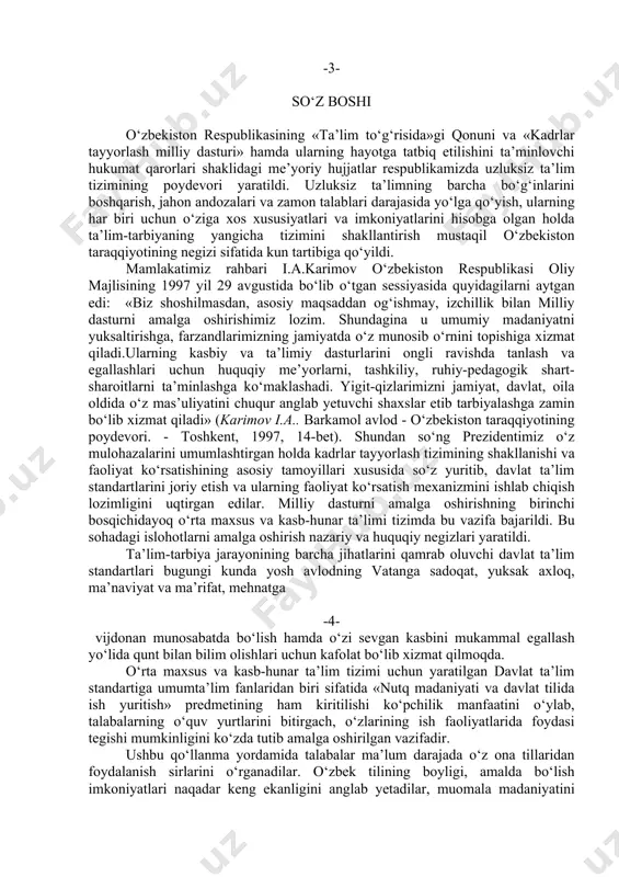 i, amalda bo‘lish imkoniyatlari naqadar keng ekanligini anglab yetadilar, muomala madaniyatini egallaydilar. ayni paytda, ish yuritish jarayonida qo‘llaniladigan hujjatlarni rasmiylashtirish, ulardan foydalanish yo‘llarini bilib oladilar. davlat ta’lim standarti talablari asosida yozilgan mazkur qo‘llanma samarqand viloyati hududidagi akademik litseylar va kasb-hunar kollejlarida ushbu predmetni o‘tish jarayonidagi qiyinchiliklarni bartaraf etish yo‘lidagi urinish bo‘lib, mualliflar uning mukammalligiga da’vo qilishmaydi. qo‘llanma shu sohada ishlayotgan mutaxassislarning, pedagog va o‘qituvchilarning nazaridan o‘tgach, ularning fikr-mulohazalari bilan to‘ldiriladi va qayta ishlanadi. o‘z fikr-mulohazalarini bildirgan muhtaram o‘quvchilarimizga minnatdorchiligimizni oldindan izhor etamiz va ularni mamnuniyat bilan qabul qilamiz. manzilimiz: samarqand davlat universiteti, telefonlar: 31-23-22, 22-38-73. -5- « nutq madaniyati va davlat tilida ish yuritish»predmetining mavzuviy r e j a s i t/r mavzular ajratilgan soat i. til va nutq 1. tilning ijtimoiy mohiyati. 2 2. nutqiy savodxonlik va nutq madaniyati asoslari 2 3. nutqning asosiy xususiyatlari 2 4. nutq odobi 1 5. nutqiy muomala shakllari 1 ii. nutqiy faoliyat turlari …
