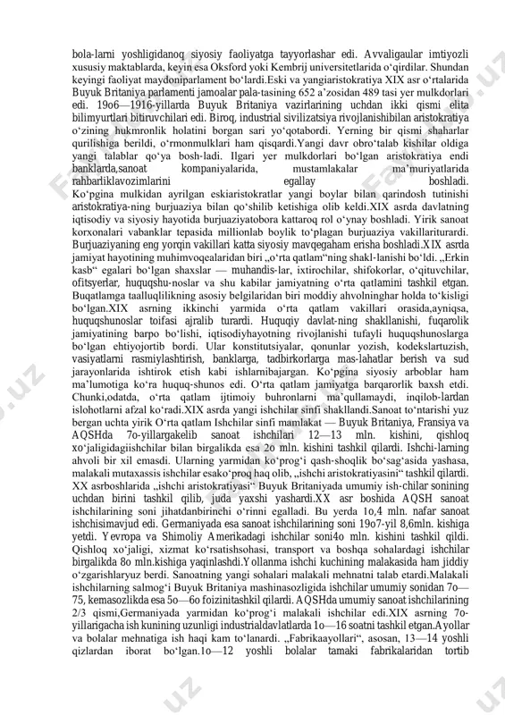 yirik davlatlar tomonidan bosib olingan mustamlakalar. mustamlakachilik siyosati natijasida, xix asrning oxiriga kelib„egallanmagan yyerlar“ni bosib olish yakunlandi. iqtisodiy jihatdanqudratli davlatlarning osiyo, afrika va lotin amerikasidagi kamtaraqqiy etgan mamlakatlarga ta’siri tobora kuchaydi. kun tartibidamustamlakalarni va ta’sir doiralarni qayta bo‘lish masalasi paydobo‘ldi. ko‘plab davlatlar muammoni hal qilishning vositasi sifatidakuchga tayanishni lozim topdilar. oqibatda, qurollanish poygasiboshlanib, hayotni harbiylashtirish borgan sari avj oldi.qurollanish poygasiga katta ta’sir ko‘rsatayotgan omillardanbiri yevropa davlatlari o‘rtasidagi hududiy nizolar ham edi. yevropadavlatlari o‘rtasida munosabatlarni keskinlashtirgan yana boshqa birsabab, ularning bir-biridan iqtisodiy va harbiy-strategik ustunlikkaerishish uchun kurashi bo‘ldi. ayni paytda, xix asrning oxirigakelib, iqtisodiy ko‘rsatkichlar bo‘yicha yevropada birinchi, dunyo-da aqshdan keyingi ikkinchi o‘rinni muqim egallab olgan germaniya buyuk britaniya va fransiyaning g‘azabini keltirardi. rossiyaesa, o‘z navbatida, germaniyaning xotirjamligiga putur yetkaza-yotgan edi. shu tariqa dunyoning rivojlangan buyuk davlatlar o‘rta-sida bo‘lib olinishi, iqtisodiy va siyosiy raqobat, harbiy-strategikziddiyat va qurollanish poygasi boshlanib ketdi.monopoliyalarning vujudga kelishi, birin-chidan, ishlab chiqarishga yangi texnika vatexnologiyalarni yanada kengroq joriy …