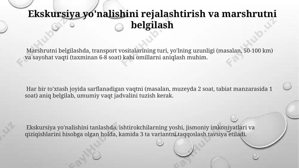 baholash va ularning faol ishtiroki uchun rag‘batlantirish tizimini joriy etish kerak. ekskursiya yakunida onlayn so‘rovnoma orqali (5-10 ta ochiq va yopiq savollardan iborat) ishtirokchilarning fikr-mulohazalarini yig‘ish va keyingi ekskursiyalarni takomillashtirish uchun foydalanish samarali. ekskursiya davomida 2-3 kishidan iborat kichik guruhlarga bo‘lish orqali ishtirokchilarning faol ishtiroki va o‘zaro muloqotini ta’minlash, samarali o‘rganishni kuchaytirish mumkin. e'tiboringiz uchun rahmat @taqdimot_robot image1.png image2.png image3.png