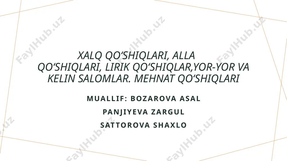 istonning mustaqillik kurashi, 1941-1945 yillardagi ikkinchi jahon urushi voqealari, va boshqa muhim tarixiy momentlar yoritiladi. 3 madaniy meros - tarixiy voqealar va shaxslar xalq qo‘shiqlarida madaniy meros sifatida saqlanadi, bu esa kelajak avlodlarga o‘z tarixini bilishga yordam beradi. xalq qo‘shiqlarining madaniyat va an'analar bilan bog'liqligi. 1 xalq qo‘shiqlari va madaniyat - o‘zbek xalq qo‘shiqlari, milliy madaniyatni ifodalovchi muhim unsurlardan biri bo‘lib, an'anaviy qadriyatlarni saqlashga yordam beradi. 2 an'anaviy to‘y marosimlari - xalq qo‘shiqlari, to‘y marosimlarida muhim rol o‘ynaydi, kelin va kuyovning hayotidagi eng muhim voqealarni nishonlaydi va ularga bag'ishlangan. 3 mehnat va hayot - mehnat qo‘shiqlari, odamlarning kundalik hayotidagi mehnat jarayonlarini tasvirlab, xalqning iqtisodiy va ijtimoiy ahvolini ifodalaydi. 4 madaniy meros - xalq qo‘shiqlari, o‘zbek madaniyatining boy merosini saqlab qoladi, kelajak avlodlarga o‘z tarixini va an'alarini yetkazadi. o‘zbek xalq qo‘shiqlaridagi musiqiy elementlar va uslublar. 1 melodiyalar va ritmlar - o‘zbek xalq qo‘shiqlarida melodiyalar va ritmlar asosiy o‘rin tutadi. ular ko‘pincha …