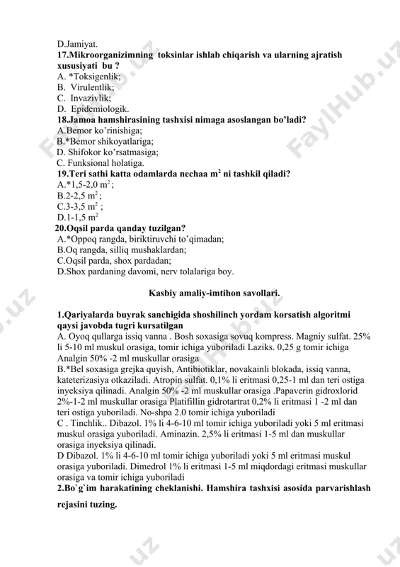riladi. aminazin. 2,5% li eritmasi 1-5 ml dan muskullar orasiga inyeksiya qilinadi. d dibazol. 1% li 4-6-10 ml tomir ichiga yuboriladi yoki 5 ml eritmasi muskul orasiga yuboriladi. dimedrol 1% li eritmasi 1-5 ml miqdordagi eritmasi muskullar orasiga va tomir ichiga yuboriladi 2.bo`g`im harakatining cheklanishi. hamshira tashxisi asosida parvarishlash rejasini tuzing. 3.dori moddalarni mushak orasiga yuborish algoritmi to`g`ri ko`rsatilgan qatorni ko`rsating. 1.qo`llar zarasizlantiriladi 2.dorini ampuladan tortib olinadi 3.dorini yaroqliligi tekshiriladi 4.ampula ochiladi 5.dumba sohasini yuqori kvadrati 2ta paxta sharikchada 10x10 va 5x5 sm spirt bilan artiladi.6.3 chi paxta sharikcha bilan ineksiya sohasiga qo`yilib igna olinadi 7.shprisni ineksiya sohaga nisbatan 90 c da yunaltirib sanchiladi. a.1.2.3.4.5.6.7 b.1.4.5.3.2.7.6 s.1.5.7.6.3.2.4 d.1.3.2.4.6.5.7 e.1.3.4.2.5.7.6. 4.arterial pulsni bilak arteriyasidan aniqlash algoritmini tuzing 1.bemorga o`zini bo`sh qo`yib o`tirishi yoki yotishi aytiladi, muolaja maqsadi tushuntiriladi 2.tekshiruvchining ii,iii,iv barmoqlari bemorning bilak suyagiga qo`yiladi, bosh barmoq bilakning orqa tomonida bo`lshi kerak 3.bilak to`qimalarini yengilgina suyakka bosib, puls to`lqini seziladi 4.puls …