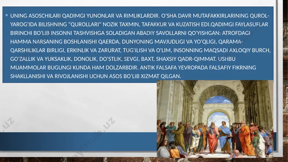 g'oyasi va cheksiz rivojlanish g'oyasi. aynan o'sha kunlarda gnoseologik yo'nalishlar - materializm va idealizm shakllandi. mohiyatan materialist boʻlgan demokrit atom har qanday moddaning eng kichik zarrasi ekanligini taʼkidlagan. uning bu g'oyasi asrlar va ming yillar oldinda edi. platon idealistik qarashlarga amal qilib, alohida narsalar va umumiy tushunchalar haqida dialektik ta’limot yaratdi. milet maktabi milet maktabi — yunon ilmiy-falsafiy maktabi. miloddan avvalgi vii-vi asrlar o'rtalarida vujudga kelgan. ioniya dengizi sohilidagi milet shahri nomidan olingan. uning asoschisi – fales. yirik namoyandalari — anaksimandr, anaksimen. ular tabiatdagi hodisalarni oʻzgarishda, oʻzaro aloqadorlikda, bir-biriga oʻtib turishda deb, voqea-hodisalar sababini tabi-atning oʻzidan qidirdilar. ruhiy hodisalar (mas, jon)ni materiyaning koʻrinishi, butun tabiatni jonli deb tu-shunganlar. yevropa ilmiy kosmogoniya, kosmologiya, fizika, geogr., meteorologiya, astronomiya va biol.si tarixi milet maktabidan boshlanadi. milet maktabi va uning vakillari yunonistonda falsafiy fikr rivojiga hissa qoʻshdilar. milet falsafiy maktabi, eley falsafiy maktabi, suqrot, pifagor, aflotun, arastu va boshqalarning falsafiy, tabiiy — ilmiy, ijtimoiy …