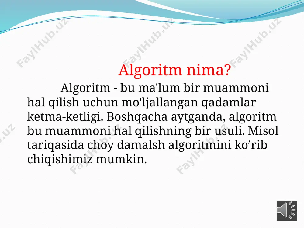 lum tartibda saralanib qolmagungacha davom etadi. shu sababli bu saralash algoritmi u qadar samarali bo’lmagan saralash algoritmi hisoblanadi. bu holatda sonlar bitta, ikkita yoki bir necha qadamlardan keyin saralanib qolishi mumkin. bu sarlash algoritmini faqatgina ta’lim sohasida boshqa saralash algoritmlari bilan taqqoslab organish uchun qulay algoritm hisoblanadi. bu yordamida massivlarni saralash birmuncha noqulay. pufakchali saralash algoritmi algoritm tavsifi: ushbu saralash algoritmi g'oyasi, massivda birinchi elementdan boshlab, qo'shni elementlarni o'zaro taqqoslashdan iborat. birinchi, massivning birinchi elementini olamiz va uni yonidagi ikkinchi elementi bilan taqqoslaymiz. agar massivning birinchi elementi yonidagi ikkinchi elementidan katta bo’lsa ularning o’rinlarini almashtiramiz va endi birinchi element ikkinchi o’ringa o’tib qoladi. biz endi yana shu elementni uchinchi element bilan taqqoslaymiz va shu tartibda davom etamiz. massivning har bir elementlarini juft-juft qilib taqqoslab chiqamiz. keyin, xuddi shu tarzda biz yana davom etamiz. o’rni almashmagandan so’ng katta elementni olib keyingisi bilan taqqoslaymiz. barcha elementlar shu tartibda taqqoslanib chiqiladi. eng katta …