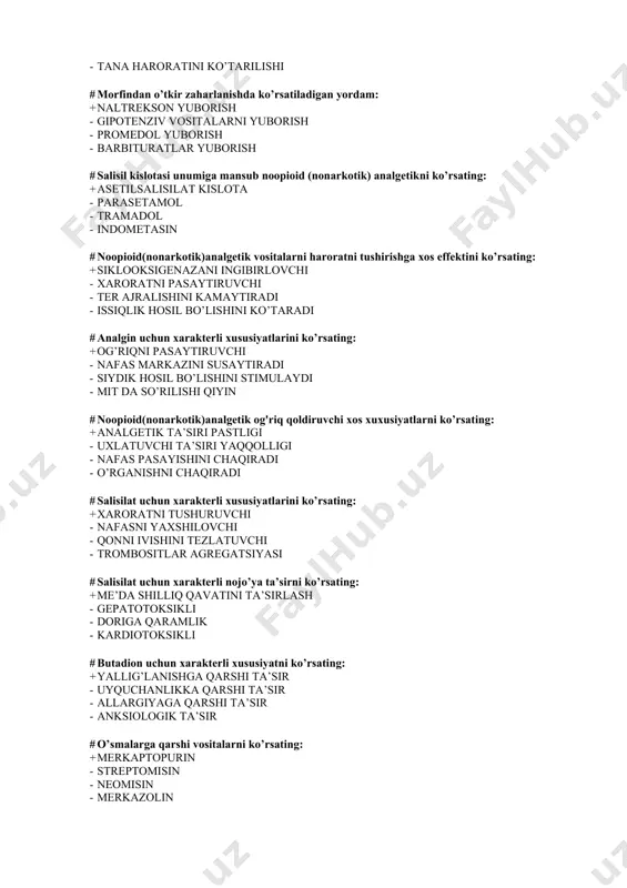 # ftoruratsil xususiyatini ko’rsating: + blastomaga qarshi - mikozga qarshi - retrovirusga qarshi - gijjaga qarshi # epilepsiyaga qarshi qo’llaniladigan preparatlarni ko’rsating: + karbamazepin - levadopa - midantan - bromokriptin # epilepyik statusda qo’llaniladigan preparatlarni ko’rsating: + diazepam (sibazon) - etosuksimid - trimetin - midantan # kichik tutqanoqda qo’llaniladigan preparatlarni ko’rsating: + trimetin - levadopa - midantan - sikladol # mioklonus-epilepsida qo’llaniladigan preparatlarni ko’rsating: + klonazepam - midantan - sikladol - levadopa # epilepsiyaga qarshi qo’llaniladigan vositalarni ta’sir mexanizmi komponentlarini belgilang: + neyronlar membranasining stabilizatsiyasi - refraktor davrining qisqarishi - neyronlararo qo'zg'zlishni yengillashishi - tormozlanish reaksiyasini pasayishi # epilepsiyaga qarshi vositalarga qo’yiladigan talablarni ko’rsating: + sedativ va uyqu chaqiruvchi ta’sirining yo’qligi - ta’sir davomiyligining qisqaligi - faqat parenteral yuborish - kumuliyatsiya bo’lishi lozim # karbomazepin uchun xarakterli ta’sirini ko’sating + epileptik ta’siri antipsixatik tasir bilan birga bo’ladi - epilepsiyani xamma turida qo’llaniladi - mit da so’rilmaydi - parkensionizmda qo’llaniladi # …
