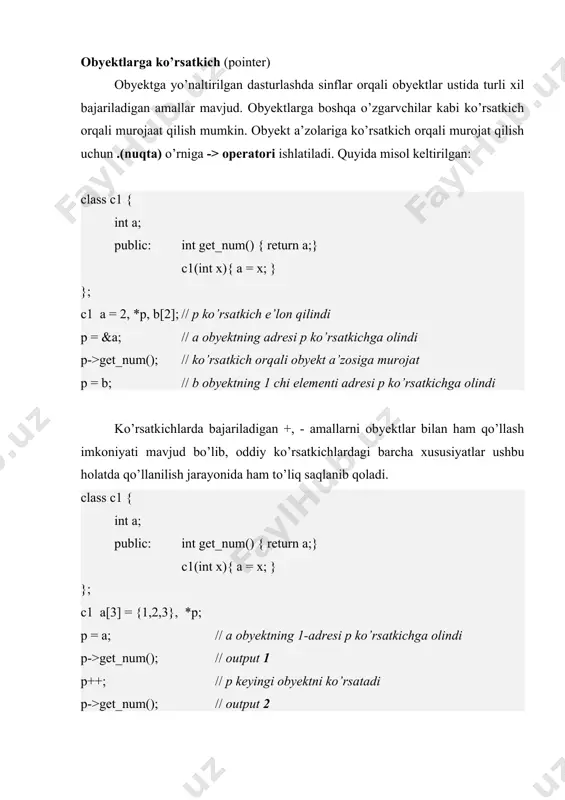 (int x){ this->a = x; } }; class derived: public base { int b; public: int get_b() { return this->b;} void set_b(int x){ this->b = x; } }; nasl olingan toifaga ko’rsatkich base *bp; // ona bp ko’rsatkich derived d; // voris d obyekt bp = &d; // base ko’rsatkich derived ga ko’rsatadi //derived obyektiga base ko’rsatkich orqali murojat bp->set_a(5); cout get_a(); //errorrrr, chunki bp base pointer orqali derived obyektning a’zolariga murojat qila olmaymiz bp->set_b(5); //derived obyektning a’zolariga murojat qilish uchun bp base ko’rsatkichni derived ko’rsatkich toifasiga o’zgartirish kerak ((derived*)bp)->set_b(10); cout get_b(); sinf a’zolariga ko’rsatkich c++ da shunday ko’rsatkich qilsa bo’ladiku bu ko’rsatkich class a’zosini ko’rsatib turadi. bunday ko’rsatkichlarni pointer-to-member deb ataladi. class a’zosiga ko’rsatkichda maxsus .* va ->* operatorlar ishlatiladi. e’lon qilinishi: int c1::*data; //toifaga ko’rsatkich int (c1::*func)(); //funksiyaga ko’rsatkich data = &c1::val; //val joyini data’ga olish func = &c1::get_num; //get_num joyini func’ga olish ob.*data; // val ga murojat …
