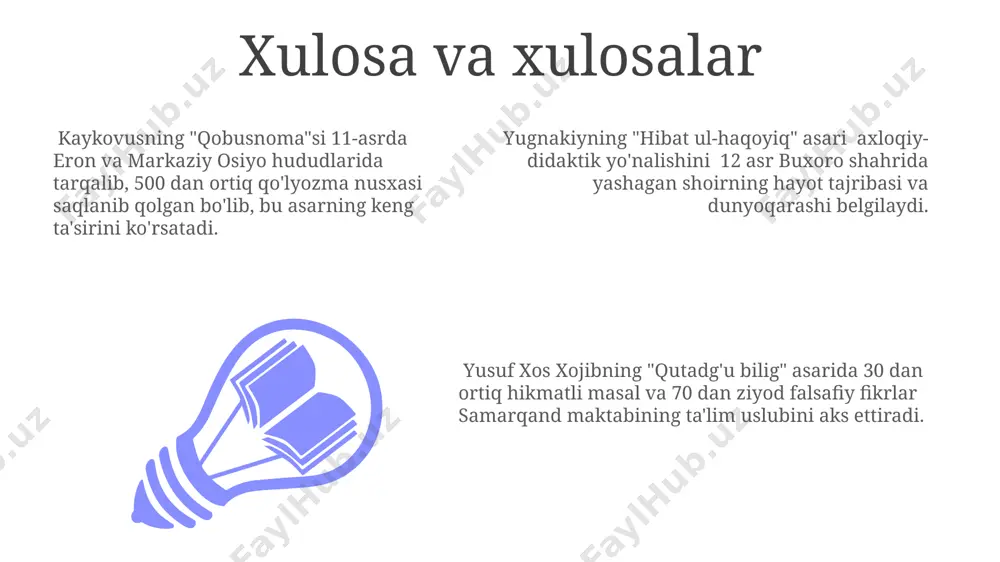 rivojlantirish orqali mukammal jamiyat qurish g'oyasiga asoslangan. xos xojibning asarida turkiy xalqlarning 9-12 asrlar davomida yashagan madaniy va ijtimoiy hayoti aks etib, axloqiy tarbiya masalalari 5 ta asosiy mavzu doirasida bayon etilgan. yusuf xos xojibning "qutadg'u bilig" asarida 11-asr buxoro shahrida yozilgan 66 bobdan iborat bo'lib, davlat boshqaruvi, adolat va axloq masalalariga bag'ishlangan 20 dan ortiq hikoyalarni o'z ichiga oladi. e'tiboringiz uchun rahmat @taqdimot_robot image1.jpeg image2.jpeg image3.jpeg
