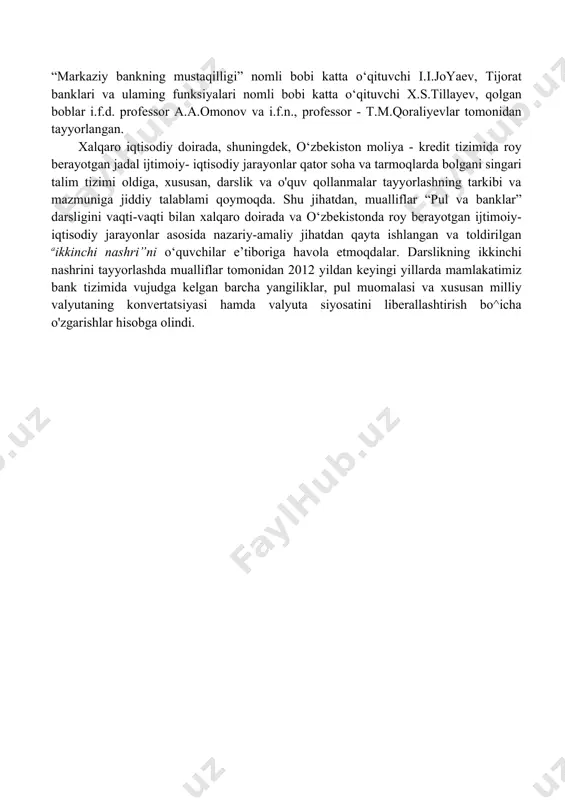 g “ijtimoiy fanlar, biznes va huquq” bilim sohasining “bank ishi”, “biznesni boshqarish”, “moliya”, “soliqlar va soliqqa tortish” va boshqa yo'nalishlari boyicha qoyilgan talablari doirasida tayyorlangan. buni darslikning “pul va banklar” fanining namunaviy dasturidagi barcha bolimlarini qamrab olganligida ham ko‘rish mumkin. darslik tarkibiy tuzilishi jihatidan 20 bobdan iborat bolib, har - bir bobdan so‘ng o‘quvchining bilimini mustahkamlash maqsadida bob mavzulariga oid savollar va testlar majmui keltirilgan. darslikning “pul islohotlari” va “bank inqirozlari” nomli boblari i.f.n. i.x.raxmonov va n.s.emazarov, “kredit boyicha foiz stavkasi va ularga ta’sir qiluvchi omillar” nomli bobi i.f.n. i.ya.qulliyev va tadqiqotchi s.a.abdullayeva hamda “markaziy bankning mustaqilligi” nomli bobi katta o‘qituvchi i.i.joyaev, tijorat banklari va ulaming funksiyalari nomli bobi katta o‘qituvchi x.s.tillayev, qolgan boblar i.f.d. professor a.a.omonov va i.f.n., professor - t.m.qoraliyevlar tomonidan tayyorlangan. xalqaro iqtisodiy doirada, shuningdek, o‘zbekiston moliya - kredit tizimida roy berayotgan jadal ijtimoiy- iqtisodiy jarayonlar qator soha va tarmoqlarda bolgani singari talim tizimi oldiga, xususan, darslik …