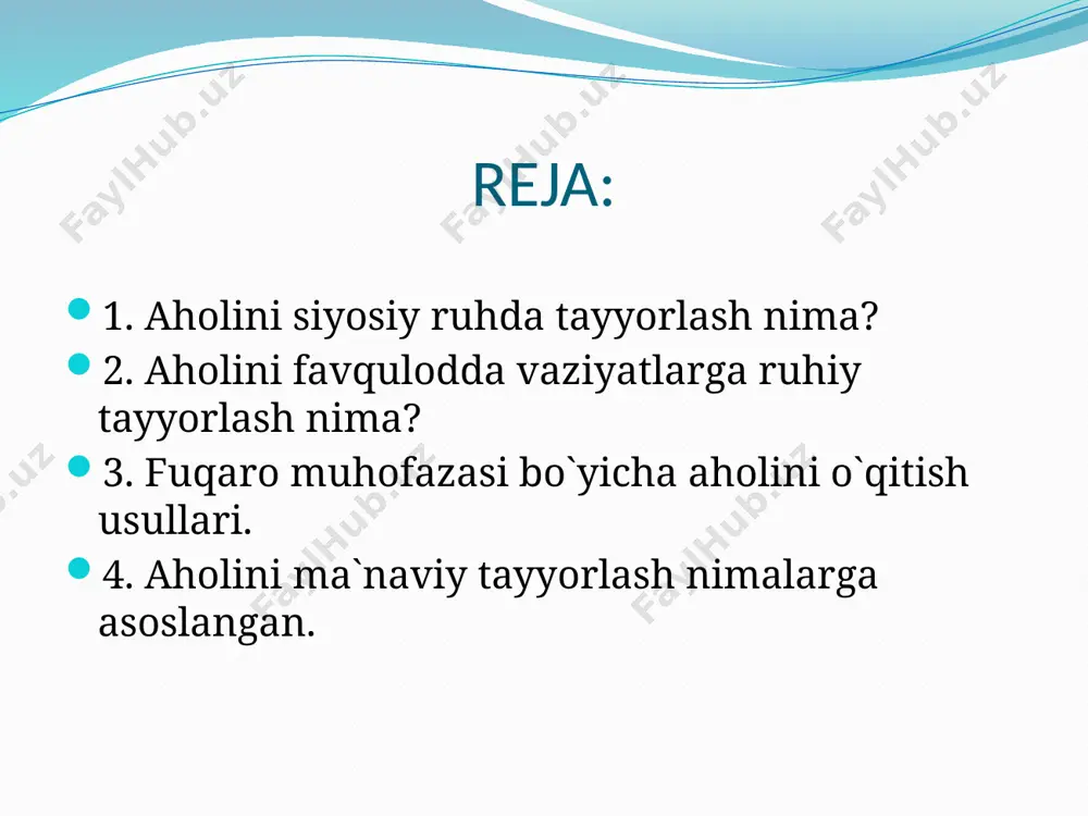 i aniqlovchi omil bo`lib odamlarni siyosiy chiniqtirish hisoblanadi. ular irodasini manaviy ruhiy asosi quyidagilar hisoblanadi: chuqur g`oyaviy ishonuvchanlik; o`zbekiston respublikasi milliy istiqlol g`oyalariga sodiqlik; siyosiy onglilik; ma`naviy siyosiy va psixologik fazilatlar odamni butun hayoti jarayonida oila, maktab, mehnat jamoalari, yoshlar birlashmalari, kasaba uyushmalari va boshqa tashkilotlar ta`siri ostida shakllanadi. fuqaro muhofazasi harbiy qismlar shaxsiy tarkibi va aholini ma`naviy –psixologik tayyorlash yo`llari, metodlari va shakllari. aholi va f.m. tuzilmalari va vatan himoyachilari yuqori ma`naviy–siyosiy va psixologik fazilatlarini shakllanishini zarurligini hisobga olgan holda inson ongiga ta`sir etuvchi turli xil usul va metodlarini qo`llashni talab qiladi harbiy qismlar aholini mamlakat mudofasini tinchlik va urush vaqtidagi favqulodda hodisalarda harakatlanishga ma`naviy siyosiy va psixologik tayyorlash bo`yicha g`oyaviy tarbiyaviy ishlar mazmunini boyitish bilan bir qatorda, uni metod, shakl va vositalarini tezkor qo`llash haqidagi doimiy g`amxo`rlikni namoyan qilishi juda muhim. § § aholini favqulodda vaziyatlarda harakat aholini favqulodda vaziyatlarda harakat qilishga ma'naviy tayyorlash qilishga ma'naviy tayyorlash – …