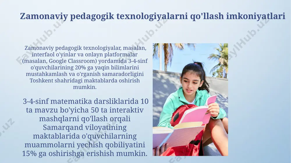 larga ega emas. o'quv qo'llanmalarini tahlil qilish natijasida 7-bobda, 35-betda joylashgan matematika masalalari yechimlarining 25% da noaniqliklar mavjudligi kuzatildi. o'rganilgan bilimlarni baholash mezonlari "organizmlarning xilma-xilligi" mavzusini o'rganishda, toshkent shahri maktablarida o'tkazilgan kuzatuvlar shuni ko'rsatdiki, baholash mezonlari 3 ta asosiy komponentni (bilim, ko'nikma, munosabat) o'z ichiga oladi. samarqand viloyati maktablarida o'tkazilgan tahlillar natijalariga ko'ra, 4-sinf o'quvchilari o'zlashtirish darajasi 80% dan yuqori bo'lgan 2 ta asosiy mezon mavjud: yozma ishlar va og'zaki javoblar. o'quv jarayonini takomillashtirish bo'yicha takliflar 3-4-sinf o'quv dasturlarini samarqand viloyati misolida tahlil qilib, 20% ga o'quv yuklamasini kamaytirish va amaliy mashg'ulotlar sonini 30% ga oshirishni taklif qilamiz. 4-sinf o'quvchilarining 60% kitob o'qishga qiziqmasligini hisobga olib, qiziqarli mavzularga ega 50 dan ortiq yangi adabiyotlar kiritish va ularni buxoro viloyatida chop etishni taklif qilamiz. darsliklardagi illyustratsiyalar va qo'shimcha materiallar qo'shimcha materiallar sifatida 5 ta qo'shimcha mashqlar to'plami taklif qilingan, ularning 3 tasi matematika mavzusiga, 2 tasi esa adabiyotga bag'ishlangan, bu esa …