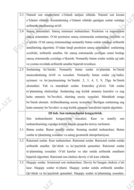 shakllari. kompleks sonlar ustida amallar. kompleks sonlar to’plamining xossalari. iv bob. funktsiya, hosila, integral. funktsiya tushunchasi. sonli funktsiyalar. ularning xossalari va grafigi. funktsiyaning limiti. funktsiya uzluksizligi. elementar funktsiyalar uzluksizligi. ajoyib limitlar. hosila tushunchasiga olib keladigan masalalar. funktsiyaning hosilasi. differentsiallash qoidalari. hosilaning funktsiyani tekshirishga tatbiqi. aniqmas integralni hisoblash usullari. aniq integral tushunchasiga olib keladigan masalalar. aniq integralning ta'rifi, xossalari, hisoblash usullari. aniq integralning geometriyaga, fizikaga, mexanikaga tatbiqi. v bob. algebra va analitik geometriya. sonli ifoda va uning son qiymati. sonli tenglik va tengsizlik, ularning xossalari. o’zgaruvchili ifoda, uning aniqlanish sohasi. ifodalarni ayniy shakl almashtirish. ayniyat. bir o’zgaruvchili tenglamalar. teng kuchli tenglamalar va ular haqidagi teoremalar. bir o’zgaruvchili tengsizliklar. teng kuchli tengsizliklar haqidagi teoremalar. bir o’zgaruvchili tengsizliklar konyunktsiyasi va dizyunktsiyasini yechish. tengsizliklarni intervallar metodi bilan yechish. ikki o’zgaruvchili tenglamalar. chiziq tenglamasi haqida tushuncha. to’g’ri chiziqning umumiy tenglamasi, burchak koeffitsientli tenglamasi, kesmalar bo’yicha tenglamasi. to’g’ri chiziqlarning parallellik va perpendikulyarlik shartlari. bir nuqtadan o’tuvchi …