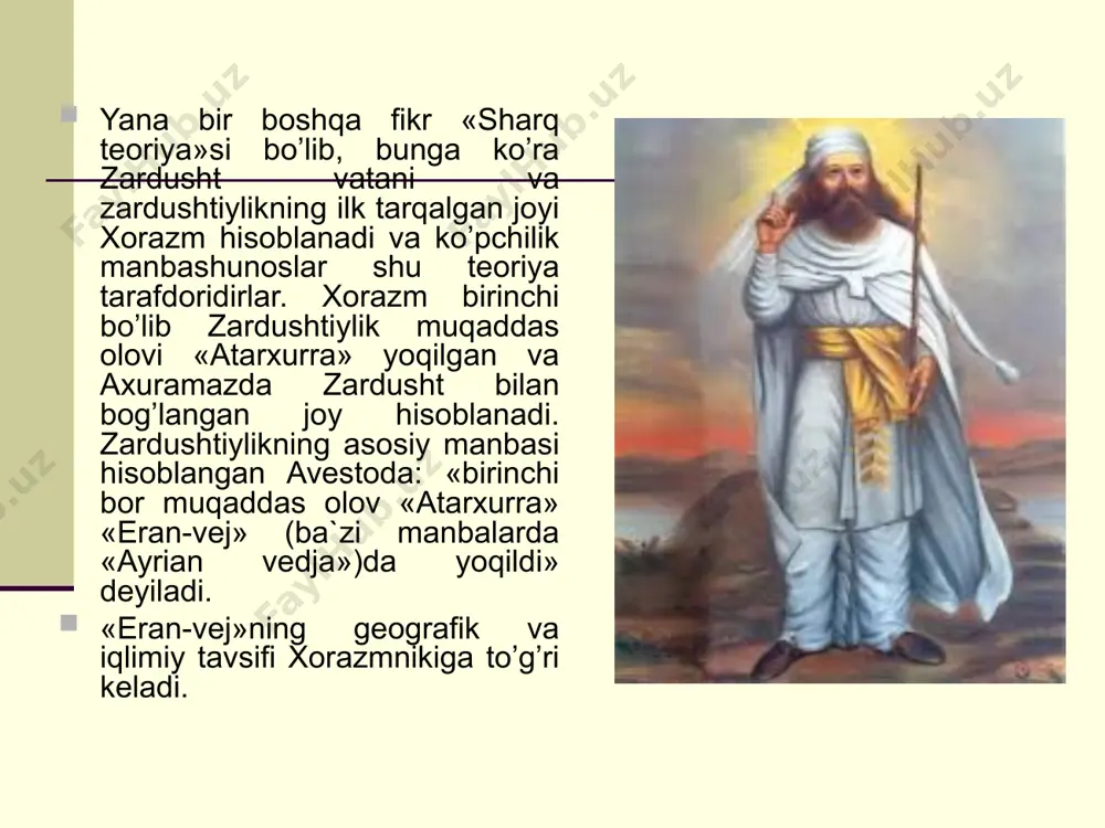 dirgan. shunda atsonaviy iyim (payg’ambar) ularning joniga oro kirgan. axuramazda iyimga oltin nayza va oltin qamchi sovg’a qilgan. yer odamlar yashashi uchun torlik qihb qolganida, iyim nayzani yerga suqib xudodan uni kengaytirishni so’ragan va bunga erishgan. zardushtdan so’ng dunyo taraqqiyotida to’rtinchi davr boshlangan. bu davrning har ming yilligida insoniyat uchun uch nafardan xaloskor yuboriladi. ular zardushtning o’g’illaridir. xaloskorlarning eng so’ngisi butun dunyo va insoniyatning taqdirini hal etadi. uning davrida qiyomat qoyim ro’y beradi. buning natijasida ezgulik tantana qiladi. yovuzlik va o’lim yengiladi. ayni paytda, avval yashab o’tganlarning barchasi — yaxshilar ham, gunohkorlar ham qayta tiriladi. “shuning uchun ham, — deb ta'lim beradi zardusht, — qiyomat qoyimni dahshatga tushmay, undan qo’rqmay kutish kerak. ayni paytda, yangilangan, adolatli dunyoning vujudga kelishini umid va ishonch bilan ham kutmoq lozim. bunday dunyo yovuzlik, hasad, nafrat, razillik va munofiqlikdan xoli bo’ladi”. zardushtiylikda ham qator marosimlar mavjud. ular orasida xudo axuramazda yo’liga bir kunda besh mahal …