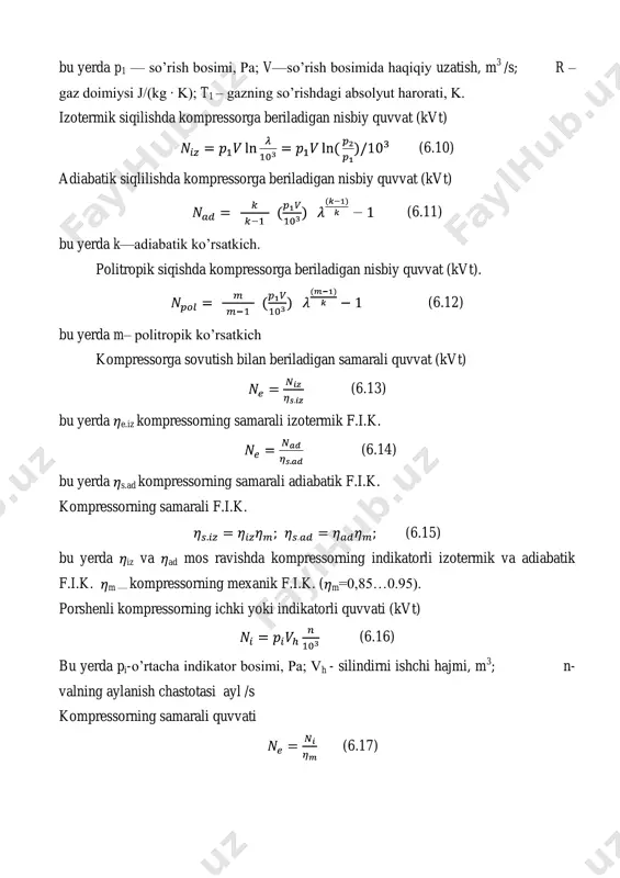 ikki harakatli porshenli komopressor qurilmasi. 6.6-rasm. silindri ikki harakatli ikki silindrli kompressor qurilmasi. ikki harakatli porshenli kompressorlarda (6.5-rasm) porshen 2 o'ng tomonga harakatlanganda gaz chap klapan 3 orqali silindrning chap qismiga so'riladi, bunda bir vaqtning o'zida silindrning o'ng qismiga gaz siqiladi va undan o'ng klapan 4 ’ orqali chiqarib yuboriladi. porshen chapga harakatlanganda gaz o'ng klapan 3’ orqali silindrning o'ng qismiga so'riladi, bunda bir vaqtning o'zida silindrning chap qismida gaz siqiladi va chap klapan 4 orqali haydash liniyasiga chiqarib yuboriladi. 6.6-rasmda ikki silindrli kompressor qurilmasi ko'rsatilgan, bunday kompressor qurilmalarida bir vaqtning o'zida ikkita silindrda gazni so'rish va ikkita silindrdan gazni chiqarib yuborish sodir bo'ladi. tirsakli val 2 ning aylanishida porshenlar 1 va 3 o'zaro teskari yo'nalishda harakatlanadi, natijada mashinaning dinamik og'irligi ortadi. kompressorning ohirgi bosimiga p2 boshlangich bosimning p1 nisbati bosim ortish darajasi deyiladi (6.19) agarda silindrlar soni ―z‖ bo’lsa, bunda (6.20) oddiy harakatli kompressorning nazariy unumdorligi (6.21) oddiy harakatli …