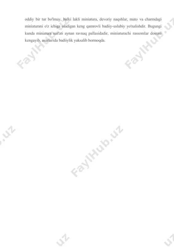 i, suratlardagi nafosat, ijroning puxtaligi saqlab kelinmoqda. yosh ustalar toshqog'ozni tayyorlashning qadimiy uslubini saqlab qolgan holda, faqat tabiiy bo'yoq kukunlarga tuxum sarig'ini qo'shib ishlatishmoqda. o'rta asrlardagi miniaturachi rassomlar ko'pincha qoliplardan foydalanishgan, vaqti kelib o'z kompozitsiyalarini yaratish maqsadida uzoq vaqt davomida mashhur ustalarning rasmlaridagi ayrim unsurlardan nusxa olishgan. lakli miniatura janrida ishlayotgan hozirgi yosh rassomlar ham o'z amaliyotlarida ana shu tamoyilni qo'llashmoqda. ular miniaturaning badiiy qonun-qoidalarini avaylab saqlagan holda tarixiy va zamonaviy mavzularda mualliflik kompozitsiyalarini yaratishmoqda. firdavsiyning «shohnoma», nizomiyning «xamsa», jomiyning «yusuf va zulayho», navoiyning «xamsa» dostonlari va boshqa tarixiy-adabiy manbalar qahramonlari yosh ustalarning lakli naqshlarida yana qayta gavdalanmoqda. o'zbekistonning hozirgi san'atida miniatura oddiy bir tur bo'lmay, balki lakli miniatura, devoriy naqshlar, mato va charmdagi miniaturani o'z ichiga oladigan keng qamrovli badiiy-uslubiy yo'nalishdir. bugungi kunda miniatura san'ati aynan ravnaq pallasidadir, miniaturachi rassomlar doirasi kengayib, asarlarida badiiylik yuksalib bormoqda. foydalanilgan adabiyotlar ro’yxati 1.rеmpеl l.i. pandjara. -- t.; gosudarstvеnno`y izdatеlstvo xudojеstvеnnoy litеraturo`. 1957 …