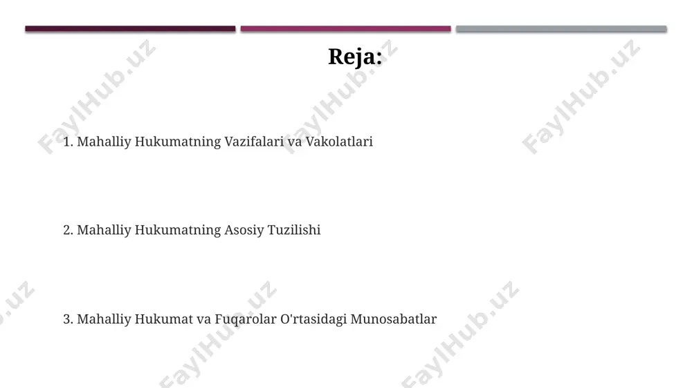 rishga yo'naltirishni nazarda tutadi. mahalliy hokim 30 dan ortiq sohada qarorlar qabul qilish huquqiga ega, jumladan, yer uchastkalarini ajratish va infratuzilmani rivojlantirish bo'yicha. mahalliy hokim, 5000 dan ortiq aholisi bo'lgan aholi punktlarida, shaharsozlik me'yorlariga muvofiq qurilishni nazorat qilish vakolatiga ega. huquqiy asoslar va qonunlar huquqiy me'yorlar mahalliy kengashlar va hokimlarning vakolatlarini, masalan, byudjetni tasdiqlash yoki 3000 dan ortiq aholisi bo'lgan shaharlarda yer uchastkalarini taqsimlashni aniq belgilaydi. davlat organlari o'rtasida kuchlarning taqsimlanishi, vakolatlarning aniq chegaralanishi va sud nazorati mahalliy boshqaruvning huquqiy asoslarining muhim jihatlaridir. mahalliy davlat hokimiyatining huquqiy asoslari o'zbekiston respublikasining konstitutsiyasi va 1992-yildan beri qabul qilingan 50 dan ortiq qonun hujjatlari bilan belgilanadi. muammolar va yechimlar aholi ishtiroki bilan tuzilgan 5 yillik rivojlanish strategiyasi, 25 ta muhim ijtimoiy muammoni hal qilishga, jumladan, kambag'allik darajasini 15% ga kamaytirishga yordam beradi, lekin unga amal qilishni nazorat qilish kerak. mahalliy davlat hokimiyatining 30% byudjeti ta'limga, 20% esa sog'liqni saqlashga yo'naltirilsa, aholining farovonligi sezilarli …