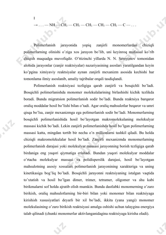 njir uchida yopiq halqali monomer qismlari hosil bo’ladi. masalan: —ch2—ch = ch—ch2 +ch2 ch2 ║ ║ ch ch | | ch2 ch2 \ / ch2 →—ch2—ch = ch—ch2 —ch2 ch2 | ║ ch ch | | ch2 ch2 \ / ch2 ch2 / \ →—ch2—ch = ch—ch2 —ch2 ch2 | | ch2 ch2 \ / ch2 bunday jarayon paytida nafaqat 5 – 6 a‘zoli yopiq halqa hosil bo’lishi kuzatiladi. ichki va maleulalararo polimilanishda qo’shbog’lar hamda funktsional gruppalar orqali ajratilgan tuzilishdagi monomerlarning polimerlanishi tufayli yopiq geterohalqali yuqori molekulyar moddalar hosil bо‘o’lishi kuzatiladi. bunday monomerlar gruppasiga divinilatsetatlar, diallilefirlar, diallilammoniyli tuzlari va xokazolar kiradi: ch ch | ch | ║ ║ / \ nch ch ------→ —ch2—ch ch | | | | o—ch2—o o o \ / ch2 | | ba‘zi yopiq zanjirli toyinmagan monomerlarning polimerlanishi natijasida ham zanjirning ichki qismida qo’shimcha yangi bog’lar hosil qilgan yopiq zanjirli polimerlar hosil bo’ladi. masalan: 1,4 …