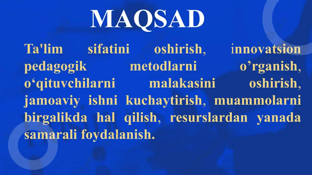 hilar o'z fikr va tajribalarini bo'lishishi uchun onlayn guruhlar tashkil etish. it mutaxassisi va metodist. 1 oy ichida ishga tushirish. o'qituvchilar o'rtasida tajriba va axborot almashinuvi oshadi hamkorlikda ta’limda yangi g’oyalar paydo bo’ladi 3 natijalarni baholash va tahlil qilish jarayonida innovatsiyalardan yetarlicha foydalana olmasligi innovatsiyalarni amaliyotga kengroq joriy etish: metodik birlashmalar va fan o’qituvchilarining faoliyaitni shaffof baholash va tahlil qilishda innovatsion usullardan foydalanishni yo’lga qo’yish maktab direktori, it mutaxassisi va metodik birlashma rahbarlari har chorakda 1 marotaba o'tkazish metodik birlashmalar va fan o’qituvchilar o’rtasida sog’lom raqobat shakllanadi. baholash va tahlil qilishning shaffof mexanizmi yo’lga qo’yiladi e’tiboringiz uchun rahmat! image6.png image7.png image8.png image9.png image10.jpeg image11.jpeg image12.jpeg image13.gif image14.png image15.png image16.png image17.jpeg image18.jpeg image19.jpeg image20.png image21.svg image22.jpeg image2.png image3.png image4.png image5.png /docprops/thumbnail.jpeg