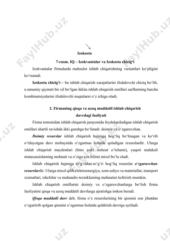 hsulotni ushbu mahsulot ishlab chiqarish uchun sarflangan o‘zgaruvchan va doimiy ishlab chiqarish omillari (l,k) sarfiga nisbati bilan aniqlanadi: ; ; ap – o‘rtacha mahsulot, tp – umumiy mahsulot miqdori, l,k – sarflangan o‘zgaruvchan va doimiy ishlab chiqarish omillari. chekli mahsulot – bu o‘zgaruvchan resurslar kombinatsiyasini kichik miqdorda qo‘shimcha sarfi hisobidan umumiy mahsulotning o‘sgan qismiga aytiladi. masalan, qisqa muddatli ishlab chiqarishda bitta o‘zgaruvchan omil, ya’ni faqat mehnat sarflansa, chekli mahsulot: mpl – mehnatning chekli mahsuloti yoki mehnatning chekli mahsuldorligi. mehnatning bir birlik oshishi natijasida umumiy maxsulotning oshishini ko‘rsatadi. q1, q2 – umumiy maxsulotning ikkita ketma-ket kelganlari. l1, l2 – mehnatning ikkita ketma-ket kelganlari. bir o‘zgaruvchan omil qatnashgandagi ishlab chiqarish kapital sarfi, k mehnat sarfi, l mahsulot ishlab chiqarish hajmi, q o‘rtacha mahsulot, chekli mahsulot, 15 0 0 - - 15 1 12 12 12 15 2 32 16 20 15 3 60 20 28 15 4 80 20 20 15 5 …