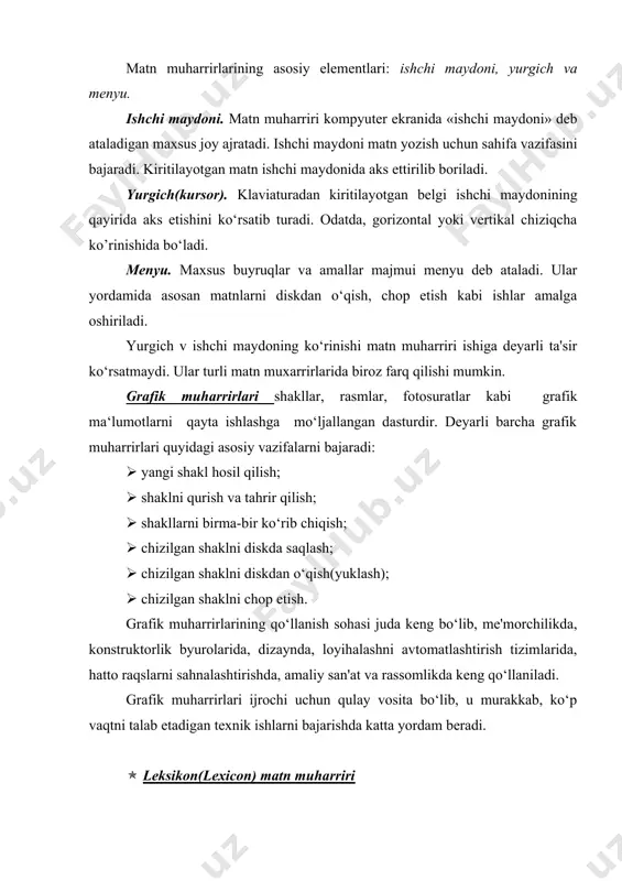 atn muxarrirlarining mos buyruqlari bir-biridani deyarli farq qilmaydi. ular biroz farqlansada, ma'nosini tushunib olish qiyinchilik tug‘dirmaydi. masalan, matnni diskka yozish buyrug‘i ba'zi matn muharrirlari menyusida «yozish» deb nomlangan bo‘lsa, boshqalarida «saqlash» deb nomlangan. shu kabi matnni diskdan o’qish buyrug‘i turli matn muhrrirlarida «o‘qish», «yuklash» yoki «ochish» deb nomlanishi mumkin. mazkur buyruqlar nomlari turlicha bo‘lsa hm, deyarli bir xil ma'noni anglatadi va aynan bir xil vazifani bajaradi. leksikon matn prosessori menyusi ichma-ich joylashgan buyruqlar tizimiga ega. ya'ni, menyuning biror buyrug‘i tanlansa, menyu satrida qo’shimcha buyruqlar hosil bo‘ladi. leksikon matn prosessori masalan, hosil qilingan matnni diskda saqlab qo‘yish uchun quyidagi ketma-ketlikda amallar bajariladi: ( f10 tugmachasi bosiladi. natijada yurgich menyular satriga o‘tadi. ( yo‘nalish tugmachalari (chapga yoki o‘ngga) yordamida yurgich menyuning «matn» buyrug‘i ustiga keltiriladi va (()«enter» tugmachasi bosiladi. menyular satrida «matn» menyusining amallari («yuklash», «saqlash», «ko‘chirish» va hokazo) paydo bo‘ladi. ( yurgich «saqlash» buyrug‘i ustiga olib kelinib «enter» tugmachasi bosiladi. ( …