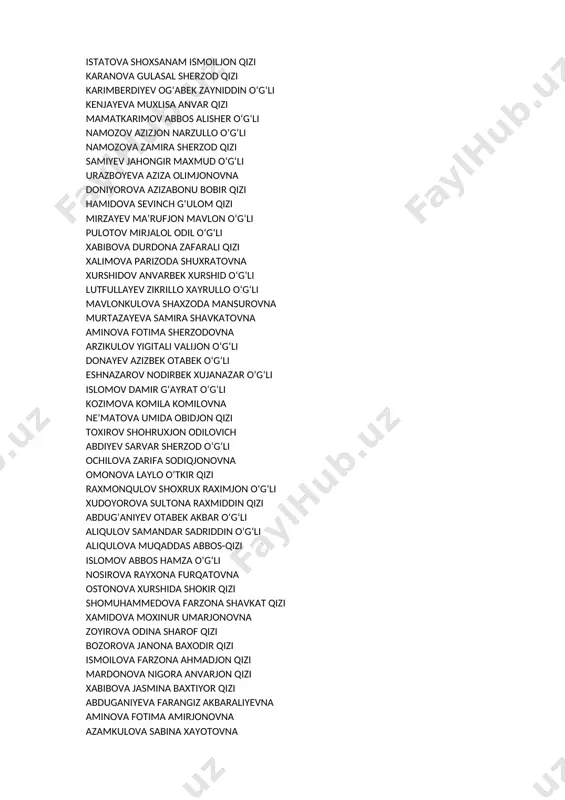 on o‘g‘li xudoyorova sultona raxmiddin qizi abdug‘aniyev otabek akbar o‘g‘li aliqulov samandar sadriddin o‘g‘li aliqulova muqaddas abbos-qizi islomov abbos hamza o‘g‘li nosirova rayxona furqatovna ostonova xurshida shokir qizi shomuhammedova farzona shavkat qizi xamidova moxinur umarjonovna zoyirova odina sharof qizi bozorova janona baxodir qizi ismoilova farzona ahmadjon qizi mardonova nigora anvarjon qizi xabibova jasmina baxtiyor qizi abduganiyeva farangiz akbaraliyevna aminova fotima amirjonovna azamkulova sabina xayotovna baxriyeva ruxshona mirzo qizi mahmudjonov xojiakbar mahmudjon o‘g‘li