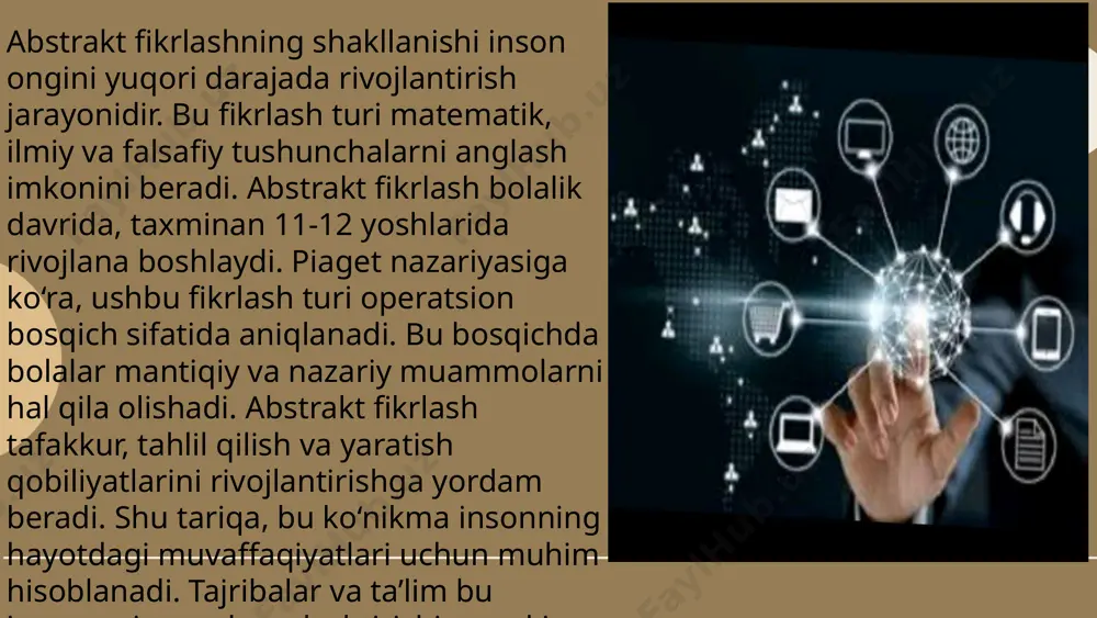 sh notug'ri tamoyillarga asoslangan bo'lsa, hayot sifati pasayishi mumkin. oʻsmirlik yoshida bilish jarayonlarining shaklllanishi shahriddinova durdona hozirgi yoshlar o’tmishdoshlariga nisbatan jismoniy, aqliy va siyosiy jihatdan birmuncha ustunlikka ega . ularda jinsiy yetilish , ijtimoiylashuv jarayoni , psixik o’siah oldinroq namoyon bo’lmoqda . shu sababli bizda o’g’il va qizlarni 10-11 dan 14-15 yoshigacha o’smirlik yoshi deb hisoblanadi. etiboringiz uchun rahmat! psixologlar o’kazgan tadqiqotlardan ko’rinadiki , osmirlarning ko’pchiligi qat’iyatlilik , kamtarlik , mag’rurlik samiymiylik ,dilkashlik, adolatgo’ylik kabi ma’naviy axloqiy tushunchalarni to’g’ri anglaydi. image1.png image2.png image3.png image4.png image5.png image6.jpg image7.jpg image8.png image9.jpg image10.jpg image11.jpg image12.jpg image13.jpg image14.jpg image15.jpg /docprops/thumbnail.jpeg