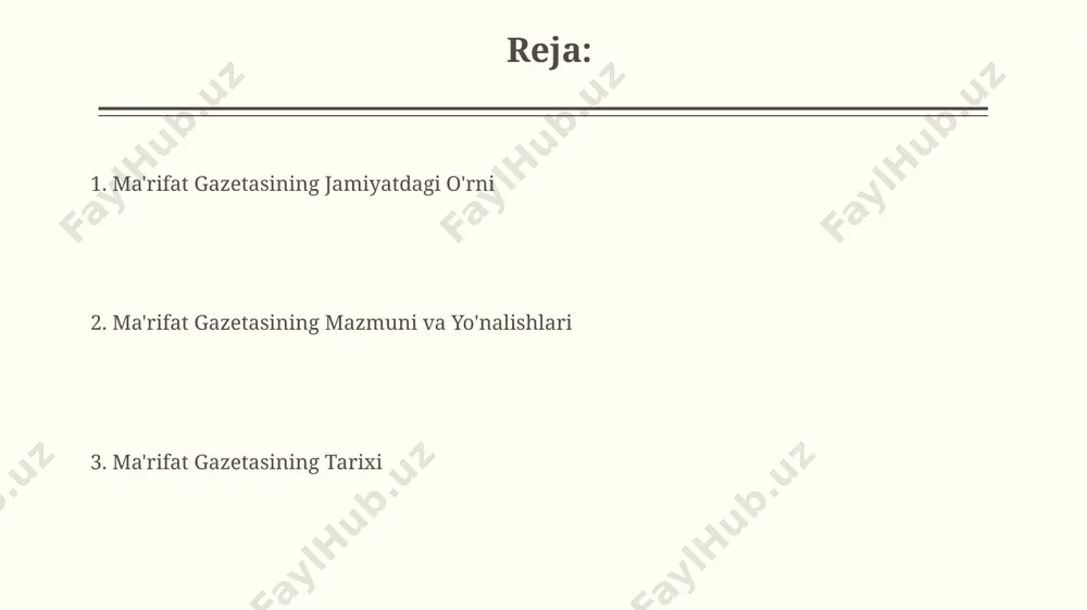 vchi va shoirdan iborat edi, ularning koʻpchiligi turkiston oʻlkasidan edi. gazeta jamoasi tarkibiga 20-yillarning boshlarida samarqanddan kelgan bir qancha yosh ziyolilar qoʻshildi, ular zamonaviy pedagogika va adabiyot sohasida yangi gʻoyalarni targʻib qilishda faol ishtirok etdilar. nashr etilish davriyligi va tarqalishi gazetaning o'rtacha tiraji 5000 nusxani tashkil etgan bo'lib, asosan maktablar, kutubxonalar va jamoat joylariga yetkazilgan. 1930 yillarga kelib, ma'rifat gazetasining tarqalish hududi kengayib, qozog'iston va qirg'izistonning ayrim viloyatlariga ham yetgan. zamonaviy sharoitda maʼrifat gazetasining oʻrni gazetaning onlayn versiyasi 2022 yildan buyon 500 mingdan ziyod noyob maqolalar va intervyularni o'z ichiga olgan holda, yangi avlod o'quvchilari uchun raqamli ma'lumotlar bazasini shakllantirgan. zamonaviy o'zbekistonda maʼrifat gazetasining 2023-yil holatiga ko'ra 100 mingdan ortiq doimiy o'quvchisi borligi uning jamiyatdagi taʼsirini ko'rsatadi, ayniqsa, viloyatlardagi kishilar orasida. e'tiboringiz uchun rahmat @taqdimot_robot image2.jpg image3.jpg image4.jpg image5.jpg image6.jpg image7.jpg image8.jpg
