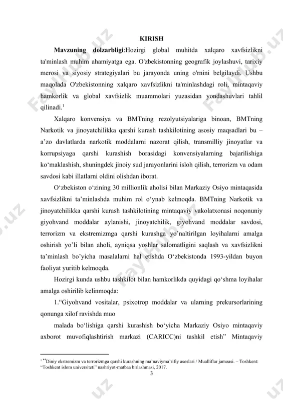 giyohvand moddalar savdosi, terrorizm va ekstremizmga qarshi kurashga yo’naltirilgan loyihalarni amalga oshirish yo’li bilan aholi, ayniqsa yoshlar salomatligini saqlash va xavfsizlikni ta’minlash bo’yicha masalalarni hal etishda o‘zbekistonda 1993-yildan buyon faoliyat yuritib kelmoqda. hozirgi kunda ushbu tashkilot bilan hamkorlikda quyidagi qo‘shma loyihalar amalga oshirilib kelinmoqda: 1.“giyohvand vositalar, psixotrop moddalar va ularning prekursorlarining qonunga xilof ravishda muo malada bo‘lishiga qarshi kurashish bo‘yicha markaziy osiyo mintaqaviy axborot muvofiqlashtirish markazi (caricc)ni tashkil etish” mintaqaviy loyihasi (loyihaning umumiy qiymati – 15,4 mln. aqsh doll.). loyiha doirasida caricc ni tashkil etish bo’yicha shartnomaning ishtirokchi-davlatlari milliy koordinatorlari kengashining bir qancha yig’ilishlari o’tkazilib, faoliyatning dolzarb masalalari ko’rib chiqildi, yaqin 2 yildagi faoliyatning eng asosiy yo’nalishlari belgilab olindi. 2. “treatment ii – narkotik moddalarga qaramlikni oldini olish va uning sog‘liq uchun salbiy oqibatlari” mintaqaviy loyihasi (loyihaning umumiy qiymati – 1 mln. 490 ming aqsh doll.). sog‘likni saqlash, mehnat va aholini ijtimoiy himoya qilish vazirliklarining 7 ta mutahassislari loyiha doirasida …