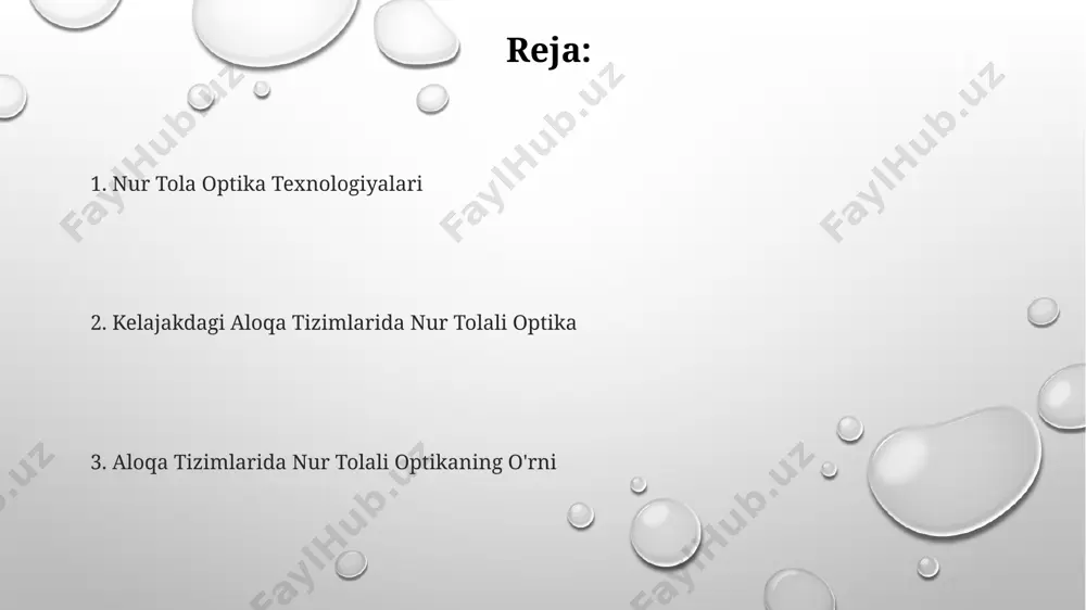 ametri juda ingichka bo'lib, taxminan 125 mikrometr, bu esa ko'p sonli tolalarni birlashtirish va minimal maydonni egallash imkonini beradi. uzoq masofalarga signal susayishsiz uzatilishi mumkin, chunki optik tolalar elektromagnit shovqinlarga chidamli va signalning zaiflashuvi minimal darajada. optik tolali aloqa tizimlari 1 gbit/s dan yuqori tezlikda ma'lumot uzatish imkonini beradi, bu esa an'anaviy mis simlarga nisbatan ancha yuqori samaradorlikni ta'minlaydi. nur tola optika nima? nur tola optika, keng polosali internet, kabel televideniyesi va boshqa yuqori tezlikli ma'lumot uzatish tarmoqlarida keng qo'llaniladi, masalan, 100 km masofaga to'siqsiz ma'lumot uzatish imkonini beradi. nur tola optika, optik tolali aloqa tizimlarida ishlatiladigan, ma'lumot uzatish tezligi 10 gbps dan 400 gbps gacha bo'lgan yuqori samarali texnologiya hisoblanadi. ushbu texnologiya, yorug'lik impulslari yordamida ma'lumot uzatishga asoslangan bo'lib, signalning susayishini kamaytirish uchun optik kuchaytirgichlardan foydalanadi va 99,999% gacha ishonchlilikni ta'minlaydi. texnologik taraqqiyot va yangiliklar zamonaviy nur tolali optik aloqa tizimlari ko'p to'lqinli uzatish (wdm) texnologiyasidan foydalanib, bitta tolali …