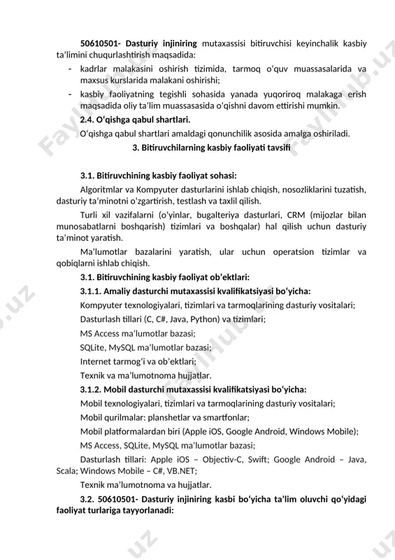 jarish uchun zarur bo‘ladigan ma’lumotlarni qidirish; uk-8. kasbiy faoliyatida axborot-kommunikatsiya texnologiyalarini qo‘llash; uk-9. kasbga doir hujjatlar bilan ishlash; uk-10. kasbiy faoliyatda xavfsizlik texnikasi va mehnat muhofazasi qoidalariga amal qilish ko‘nikmalariga ega bo‘lish. uk-11: sanoat va nosanoat tashkilotlarda vujudga keladigan chiqindilarni atrof-muhitga zarar yetkazmaslik choralarini koʻrish va utilizatsiya qilish; uk-12: sohaga oid ekologik madaniyatga rioya qilgan holda faoliyat olib borish; 4.2. dasturiy injiniring mutaxassisi ta’lim dasturini o‘zlashtirgan bitiruvchi quyidagi kasbiy kompetentsiyalarga ega bo‘lishi kerak. 4.2.1. amaliy dasturchi mutaxassisi kvalifikatsiyasi bo‘yicha: kk-1.1. dasturlashda vazifalarni shakllantirish va algoritmlash; kk-1.2. dasturiy ta’minotni loyihalash; kk-1.3. dasturlash tillaridan foydalanib kod yozish, ma’lumotlarni aniqlash va boshqarish; kk-1.4. belgilangan talablarga muvofiq dastur vazifasi va dizaynini boshqarish; kk-1.5. dasturiy ta’minot komponentlari va ularning texnik shartlarini ishlab chiqish. kk-1.6. ma’lumotlar bazasini loyihalash; kk-1.7. sinov ma’lumotlar bazasini ishlab chiqish; 4.2.2. mobil dasturchi mutaxassisi kvalifikatsiyasi bo‘yicha: kk-2.1. mobil qurilmalar uchun ilova yaratish; kk-2.2. tayyor dasturiy maxsulotlarni ish qobilyatini tekshirish; kk-2.3. mobil ilova …