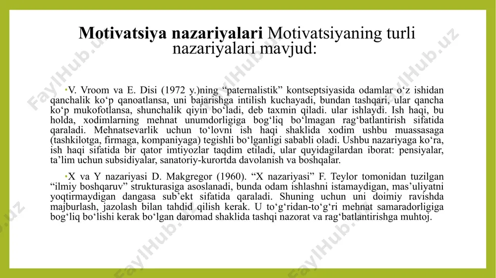 xsda orzu qilingan motivlarni rivojlantirish va mustahkamlash va aksincha, uning paydo bo‘lgan muammolarni sifatli hal qilishiga va samarali rivojlanishiga to‘sqinlik qiladigan motivlarni zaiflashtiradi. rahbarlik motivatsiyasining eng muhim tamoyilini ilhom tamoyili deb hisoblash mumkin, unda rahbar-menejer quyidagilarni bajarishi kerak: kelajakdagi mumkin bo‘lgan faraziy vaziyatlarni oldindan ko‘ra bilish, qo‘l ostidagilarni bitta ishlab chiqilgan maqsad yo‘lida ishlashga ishontira olish; o‘z qo‘l ostidagilarni barcha ishlarda faol ishtirok etishga va o‘z kuchlarini oshirishga harakat qilishga undash; o‘z qo‘l ostidagilarni imkoniyatlari cheklangan emasligiga ishontirish va aloqalarni mustahkamlash va ularni olib tashlashga intilish; qo‘l ostidagilarni hurmat qilish va muntazam ravishda ushlab turish, ularning umumiy g‘oyani amalga oshirishdagi hissasini qadrlash, rasmiy va norasmiy ravishda rag‘batlantirish. jamoani samarali ishlaydigan guruh deb hisoblash mumkin. jamoaning kichik guruh sifatidagi asosiy xususiyatlari quyidagilardan iborat: asosiy faoliyat samaradorligi; istiqbolning mavjudligi; o‘z-o‘zini tashkil qilish va o‘zini o‘zi boshqarish qobiliyati; guruh ichidagi maqsadlar, manfaatlar, qadriyatlarning umumiyligi; tashqi ko‘zda tutilgan maqsad va vazifalarni jamoa va uning …