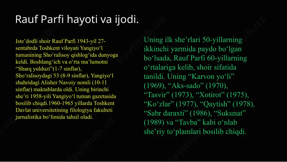 da sariq va za’faron rang alohida ma’no tashiydi. she’rdagi hasrat so‘zi sariq rang ifodasi bilan o‘zaro mutanosiblik kasb etadi. sarg‘aygan yaproq – o‘limga mahkum. dunyo ham hasratlari ko‘pligidan so‘lgan yaproqqa o‘xshab qolgan. bu she’rda dunyo metanomik ma’no ifodalab, bashariyat ma’nosini beradi. demak, she’rdagi lirik fojia – dunyo va odamzodning keyingi taqdiridan xavotir – kuz vositasida beriladi. shoirning “sabolarda o‘ynaydi navo” misralari bilan boshlanuvchi she’rida lirik qahramon kayfiyatida biroz sokinlik seziladi. endi u avvalgi she’rdagi kabi bashariyat dardida faryod chekmaydi, balki ko‘ngli talpinganiga shivirlaydi, oshiq yurakning ozorlari za’faron tusli bog‘dagi mahzun qo‘shiqqa hamohang uradi: bahor fasli va uning ramziy ma'nolari 1 uyg'onish va yangilanish rauf parfi bahor faslini yangilanish, o'sish va hayotning uyg'onishi ramzi sifatida ko'rsatadi. 2 qushlar va gul ochishlar shoirning bahor haqidagi she'rlarida qushlarning qaytishi, gullarning ochilishi, daryolarning to'lishi tasvirlanadi. 3 yashash quvonchi bahor she'rlarida yashash quvonchi, tabiat go'zalligining maqtoviga bag'ishlangan. 1 qushlar-bahor va kayfiyat elchisi. rauf parfining badiiy …