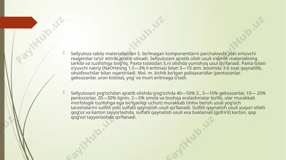 i) va [s6n7o2 (ocor)3]n (murakkab sellyuloza efirlari). oddiy sellyuloza efirlarini sintez qilishning asosiy usuli ishqorli sellyulozaga galogenalkillar yoki alkil sulfatlar taʼsir ettirishdan iborat. bu jarayon yuqori (80—120°) temperaturada olib boriladi. oddiy sellyuloza efirlari 30-50% li naoh muhitida olinadi. eterifikatsiya 5—10 soat davom etadi. murakkab sellyuloza efirlarini sintezlashda kislota yoki ularning angidrid va xlorangidridlari eterifikatsiyalovchi reagent vazifasini oʻtaydi. murakkab sellyuloza efirlarining eng koʻp ishlatiladigani ularning mineral kislotalar, mas, nitrat kislota bilan birikmasi nitrotsellyuloza. sellyuloza efirlari qogʻoz, toʻqimachilik, lok-boʻyoq sanoati va boshqa sohalarda ishlatiladi. /docprops/thumbnail.jpeg