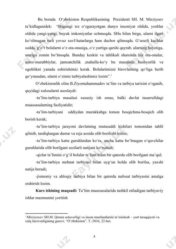 ariga javob beradigan va shu jamiyat rivoji uchun xizmat qiladigan yetuk insonni yetishtirishdan iborat. beruniy inson kamolotida uch narsani: irsiyat, muhit va tarbiyaning muhimligini ta’kidlaydi. ibn sino inson kamolotining birinchi mezoni bilim ekanligini ta’kidlaydi. u bilimsiz kishilarni johil deb hisoblaydi. ta’lim va tarbiyaga turli davrlarda turlicha yondashib ta’rif berilgan bo‘lsa-da, ularning barchasida muayyan umumiyliklar bor. masalan, yan amos komenskiy bolaning aqliy va jismoniy o‘sish jarayoni tabiatdagi o‘sishga o‘xshashi hamda tarbiyada bolalarning tabiiy bilish xususiyatlarini xisobga olish zarurligini aytsa, mirzo ulug‘bek o‘qitishning tabaqalashtirilgan jihatiga e’tibor qaratgan va u ta’lim davrini 8 yil qilib belgiladi. xuddi shu kabi qarashlarga yondosh sifatida alisher navoiy ham o‘qitishning uzluksizligi va inson kamolotida ilm-fanning o‘rni beqiyosligini ta’kidlaydi. abu rayhon beruniy ham ahloqiylikka alohida e’tibor bilan qarab, yaxshilik va yomonlik, vijdon, to‘g‘ri so‘zlik, or-nomus masalalariga alohida e’tibor bergan. yuqorida keltirilgan pedagogik qarashlar inson kamolotida ta’lim-tarbiyaning rolini va ahamiyatini asoslaydi. inson biron-bir davlat yoki xududda yashar ekan o‘sha …