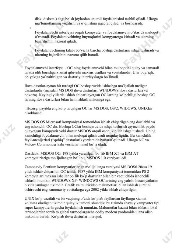 n va dasturiy interfeyslarga bo`linadi. ilova dastrlar-aynan bir turdagi oc boshqaruvida ishlashga mo`ljallab tuzilgan dasturlardir.(masalan ms dos ilova dasturlari, windows ilova dasturlari va hokoza). keyingi yillarda ishlab chiqarilayotgan oc larning ko`pchiligi boshqa oc larning ilova dasturlari bilan ham ishlash imkoniga ega. . hozirgi payitda eng ko`p tarqalgan oc lar ms dos, os/2, widows, unixlar hisoblanadi. ms dos os microsoft kompaniyasi tomonidan ishlab chiqarilgan eng dastlabki va eng ishonchli oc dir. boshqa oclar boshqaruvida ishga tushirish qiyinchilik paydo qilayotgan kompyutir yoki dastur msdos orqali osonlik bilan ishga tushadi. uning kamchiligi foydalanuvchi bilan muloqat qilish usuli noqulayligidir. bu kamchilik fayil-menijerlari (“qobiq” dasturlari) yordamida bartaraf qilinadi. ularga nc va volcov commonder kabi vositalar misol bo`la oladi. dastlabki msdos oci 1981yilda yaratilgan bo`lib ibm xt va ibm at kompyutirlariga mo`ljallangan bo’lib u msdos 1.0 versiyasi edi. zamonaviy pentium kompyutiorlariga mo`ljallanga versiyasi ms dos6.20esa 19__ yilda ishlab chiqarildi. oc ichida 1987 yilda ibm kompaniyasi tomonidan …