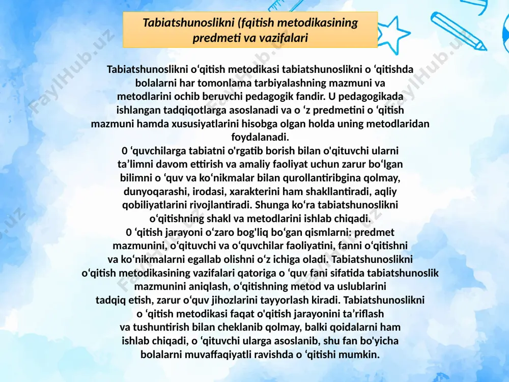 imning tashkiliy optimal shakllarini tanlash va shunga muvofiq o’qitish vositalarini aniqlash. beshinchi bosqich - didaktik maqsadni amalga oshirish uchun o’quvchilarning qiziqishlarini hisobga olgan holda mavzular, aniq darslar bo’yicha uslubiy ishlanmalar ishlab chiqish. oltinchi bosqich - ta'lim maqsadi asosida o’quv topshiriqlar tizimini ishlab chiqish va uni ta'lim jarayoniga joriy qilish. yettinchi bosqich - o’quvchilarning belgilangan o’quv materiallarini o’zlashtirishlarini, bilim saviyalarini nazorat qilish va o’zgartirishlar kiritish. sakkizinchi bosqich - o’quv mashg’ulotlarining mazmuni va tarkibini ishlab chiqish, shu asosda dars va uy topshiriqlarini optimal rejalashtirish. to’qqizinchi bosqich - yuqoridagilardan kelib chiqib, loyihalashtirilgan ta'lim-tarbiya jarayonini sinovdan o’tkazish. shunga e'tibor berish kerakki, barcha metodlarda bir xil mantiqiy uslublardan: belgilarni aniqlash, o’xshashlik va farqiga qarab obyektlarni solishtirish, xulosalar chiqarish, umumlashtirishdan foydalaniladi. bu hol barcha metodlarning o’quvchilar tafakkuri va ularning ishdagi mustaqilligini rivojlantirishda muhim imkoniyatlarni ochib beradi. metodik uslublar xilma-xilligi ularni bir tizimga keltirishni talab qiladi. ular mantiqiy, tashkiliy va texnikaviy xarakterda bo’lishi mumkin. berilgan jadvalda amaliyotda …