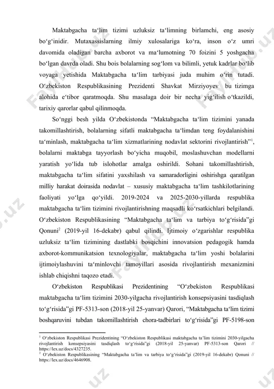 stuvor yunalish deb yondashiladi. taʼlim tamoyillari tasnifiga turlicha yondashuvlar jarayonida akliy qobiliyatlarini rivojlantirish pedagogik muammo sifatida ekanligini taxlil etar ekanmiz, oʻzbekiston respublikasida oliy taʼlimni tizimli isloh qilishning ustuvor yoʻnalishlarini belgilash, zamonaviy bilim va yuksak maʼnaviy-axloqiy fazilatlarga ega, mustaqil fikrlaydigan yuqori malakali kadrlar tayyorlash jarayonini sifat jihatidan yangi bosqichga koʻtarish, oliy taʼlimni modernizatsiya qilish, ilgʻor taʼlim texnologiyalariga asoslangan holda ijtimoiy soha va iqtisodiyot tarmoqlarini rivojlantirish maqsadida oʻzbekiston respublikasi prezidentining 2019-yil 8-oktyabrdagi pf-5847-sonli farmoni asosida “oʻzbekiston respublikasi oliy taʼlim tizimini 2030-yilgacha rivojlantirish konsepsiyasi” qabul qilinganligi ayni mazkur muammolarni bartaraf etishga qaratilganligini eʼtirof etish mumkin. uzbekiston respublikasida kechayotgan keng kщlamli ijtimoiy-maonaviy isloxotlar, fan-texnika va ishlab chikarish keskin rivojlanib borayotganligi - jamiyat talablariga javob bera oluvchi shaxsni tarbiyalash masalasini kun tartibiga kundalang kuyilmokda. kurs ishining maksadi taʼlim tamoyillari tasnifiga turlicha yondashuvlar taxlili va bugungi kundagi axamiyati maksad kilib olingan kurs ishi vazifalari: 1. taʼlim tamoyillari tasnifiga turlicha yondashuvlar taxlili va uning mavjud aʼvoli obyektiv …