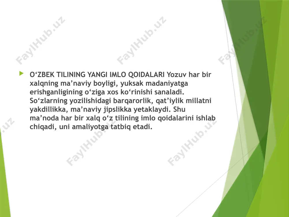 arda til oldi jarangsiz sirg‘aluvchi undoshni ifodalash uchun yoziladi.s h harflari ikki tovushni ifodalasa, ular orasiga tutuq (‘) belgisi qo‘yiladi: is’hoq, as’hob kabi.18. jj harfi:1) jon, jahon, jiyda, tijorat; rivoj, vaj kabi so‘zlarda til oldi jarangli qorishiq undoshni ifodalash uchun yoziladi;2) jurnal, projektor; gijda, ajdar, tiraj kabi o‘zlashma so‘zlarda til oldi jarangli sirg‘aluvchi undoshni ifodalash uchun yoziladi.19. ch ch harflar birikmasi choy, chevar, chiroyli, chaman; achchiq, uchun, bichiqchi; kuch, kech kabi so‘zlarda til oldi jarangsiz qorishiq undoshni ifodalash uchun yoziladi.20. rr harfi rahmat, rohat, orom, doira, bor, diyor kabi so‘zlarda til oldi ovozdor titroq undoshni ifodalash uchun yoziladi. 21. ll harfi lola, loyiq, la’l; iloj, mahal kabi so‘zlarda sirg‘aluvchi ovozdor yon undoshni ifodalash uchun yoziladi.22. nn harfi:1) non, nomus; ona, tana; bilan, tomon kabi so‘zlarda til oldi ovozdor burun undoshini ifodalash uchun yoziladi;2) shanba, yonbosh, jonbozlik; yonma-yon, ko‘rinmaslik kabi so‘zlarda n tovushi ba’zan m aytilsa ham, n yoziladi.23. gg harfi …