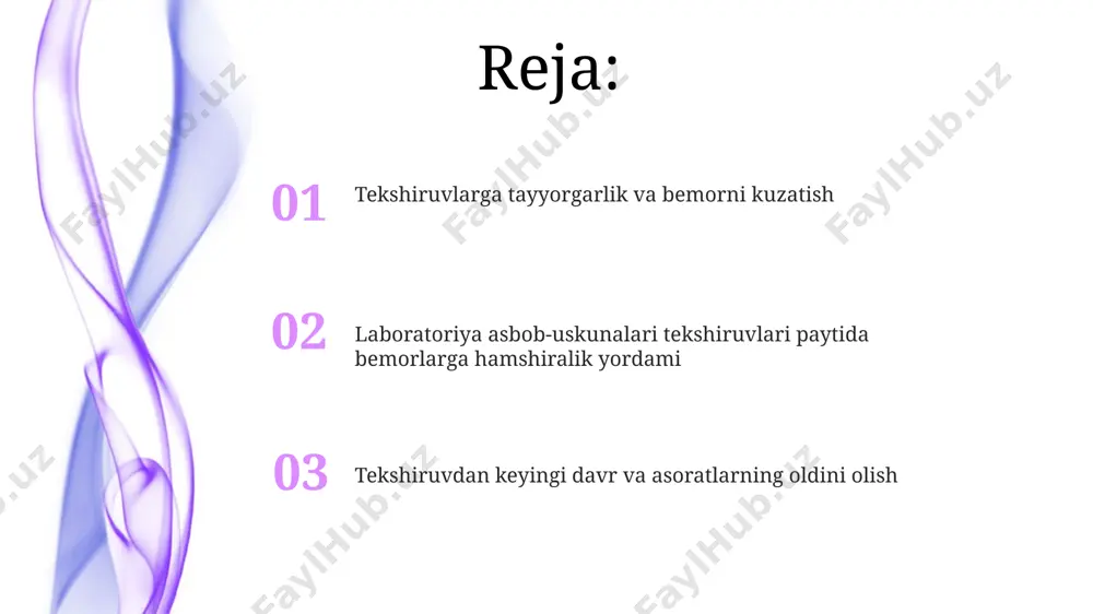 lish tizimining instrumental tekshiruvlaridan 6-8 soat oldin bemorga ovqat va ichimliklarni qabul qilishni cheklash kerak, aks holda tekshiruv natijalariga ta’sir qilishi mumkin. bemorga spirometriya yoki plevropnevmotoraks tekshiruvlaridan oldin nafas olish texnikasi va jarayon davomida o’zini qanday tutish kerakligi haqida batafsil tushuntirish kerak, bu natijalar aniqligini oshiradi. bemorning ahvolini kuzatish tekshiruvdan oldin bemorga berilgan tayyorgarlik ko'rsatmalariga rioya qilinishini va test natijalariga ta'sir qilishi mumkin bo'lgan har qanday o'zgarishlarni, masalan, ovqatlanish yoki dorilarni qabul qilishni kuzatish muhim. bemorning yurak urishi, nafas olish tezligi va qon bosimini tekshirish, shuningdek, tana haroratini o'lchash, 37.5°c dan yuqori bo'lsa, shifokorga xabar berish zarur. yurak va tomir tizimining tekshiruvlariga tayyorgarlik ekg, exokg kabi tekshiruvlarga tayyorgarlik ko'rishda bemordan 1-2 kun davomida ba'zi dori-darmonlarni qabul qilmasligi so'raladi, bu haqda shifokor ma'lumot beradi. invaziv tekshiruvlar (kateterizatsiya) oldidan bemorning qon bosimi, pulsi va nafas olishi 5-10 daqiqa davomida kuzatiladi va tekshiruvdan oldingi ma'lumotlar yoziladi. bemorni uyga qo'yishga tayyorlash agar bemorga kontrast …