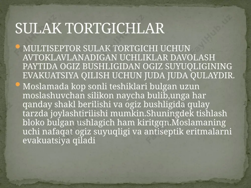 ranglarda (ko'k, yashil, bej) mavjud. o'zaro infektsiya ehtimolini oldini oladi;ish maydonining maksimal quruqligiga erishishga imkon beradi;yumshoq to'qimalarni (til, yonoq, lablar) himoya qiladi;gingival qon ketishini nazorat qilish;asboblarni og'iz bo'shlig'iga va nafas olish yo'llariga tasodifiy kirishdan himoya qiladi;bir necha marta yuvish, tupurish va paxta chig'anoqlarini almashtirishdan qochish imkonini beradi;bemorning qolgan tishlarini turbinali ushlagich yoki mikromotor tomonidan aok qilingan sovuq havo oqimidan himoya qiladi; tayyorlangan tishni sovutish uchun ishlatiladigan sovuq havo, agar u tishlar bilan aloqa qilsa, ular past haroratga juda sezgir bo'lsa, og'riq keltirishi mumkin;shilliq qavatning kuyishiga olib keladigan kimyoviy moddalar va boshqa moddalarning og'iz bo'shlig'iga kirishini yo'q qiladi; kauchuk to'g'ondan foydalanishning afzalliklari: qisqichlar (qisqichlar) - ular metall va plastmassa,takozlar,mahkamlash simlari,iplar. rezina to'g'on qisqichlari tishlarga maxsus forseps bilan o'rnatiladi.sharfni cho'zilgan holatda mahkamlash va jarrohlik maydoniga kirishni yaratish uchun ramkalar (metall yoki plastmassa) ishlatiladi. ko'pgina ramkalar u shaklida bo'lib, pastki qismi iyagida va burunda ochiq.kauchuk to'g'onni qo'llashning ko'plab usullari mavjud. asosiy farq - …