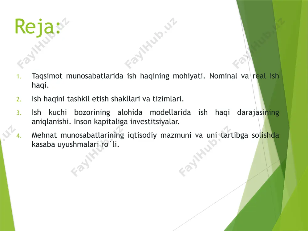i bajarilgan ishning hajmiga qarab belgilanadi. bunda ish haqi ishning davomiyligiga, ya`ni ishlangan vaqtga qarab to`lanadi. vaqtbay ish haqi qo`llaniladi. mehnatning natijalarini aniq hisoblab bo`lmaydigan sohalarda; mahsulot ishlab chiqarish hajmi bevosita xodimlar mehnatiga bog`liq bo`lmagan, ya`ni texnologik jarayonlarning borishi bilan belgilanadigan sohalarda. masalan, konveyrli va avtomat liniyali ishlab chiqarishda; lavozimdagi yoki aniq xizmat vazifasini bajaruvchilar uchun. masalan, muhandis – texnik xodimlar, turli darajadagi boshqaruvchilar, xizmatchilar va boshqa shu kabilarga ish haqi to`lashda. ishbay ish haqi to`lashda ish haqi miqdori (v) ayrim kasb (mehnat turlari) lar ta`rif stavkasida belgilangan haqini (vts) ishlab chiqarishning me`yorlashtirilgan hajmiga (qm) bo`lish orqali mahsulot birligi ratsenkasi (mrats) aniqlab olinib, keyin u ishlab chiqarishning umumiy hajmi (q)ga ko`paytiriladi: mrats = -------------- v = mrats x q vtc qm ish haqi to`lashning aniq mehnat sharoitlarini hisobga olib, qo`llaniladigan turlari ish haqi tizimini tashkil qiladi. ish bay ish haqi 1. oddiy ish bay 2. ishbay mukofotli bunda ishlab chiqarishning …