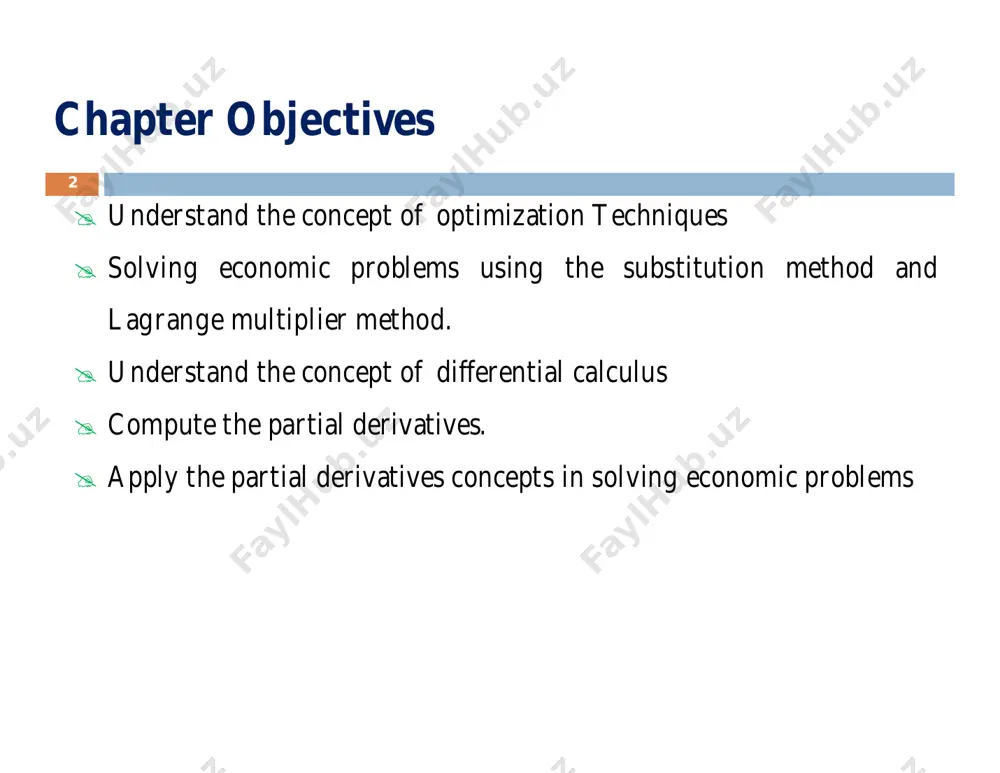 volve more than one independent (explanatory) variable.  for example, consider the following sales (q) function of a firm that depends on the price of the product (p) and levels of advertising expenditures (a): 푸 = 풇 (푷,푨) 3.2.3. partial derivatives & multivariate optimization: the first-order condition 9 to determine the marginal effect of each variable, we take the first derivative of the function with respect to each variable separately, treating independent the remaining variables as constants. this process, known as taking partial derivatives, is denoted by replacing 풅 with ∂. example: consider the following explicit relationship: 푸 = 풇 (푷,푨) = ퟖퟎ푷 − ퟐ푷ퟐ − 푷푨 − ퟑ푨ퟐ + ퟏퟎퟎ푨 (where a is in thousands of dollars) determine the values of the independent variables that maximize the objective function? and the sales volume? cont….. 10 to determine the values of the independent variables that maximize the objective function, we …