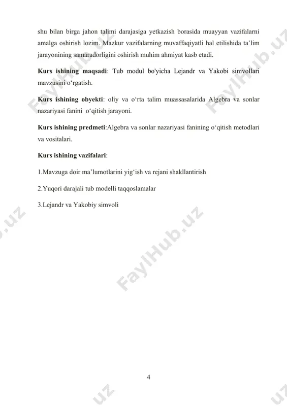 slamada a0 bosh koeffitsient r ga bo`linmasa, u holda (6) taqqoslama bosh koeffitsienta 1 ga tent bo`lgan boshqa bir taqqoslamaga teng kuchli bo`ladi. teorema. agar f(x) va g(x) koeffitsientlari butun sonlardan iborat ko`pxadlar bo`lsa, u holda f(x)0(mod p), (7) f(x)-(xp-x)g(x)0(modp) (8) taqqoslamalar teng kuchli bo`ladi. teorema. darajasi n (n>r) bo`lgan r tub modulli taqqoslama darajasi r-1 dan katta bo`lmagan taqqoslamaga teng kuchli bo`ladi. teorema. tub modulli n-darajali taqqoslama echimlari soni n tadan ortiq emas. 1.2-§.ko`rsatkiсh.boshlangiсh ildiz. eyler teoremasiga ko`ra (a; m)=1 bo`lganda a(m) 1(modm) taqqoslama o`rinli edi. bu taqqoslamaning^ikki qismini k natural darajaga ko`tarib ak(m)l(modm) taqqoslamani hosil qilamiz. k(m)= bo`lsin. u holda a1(modm) taqqoslama o`rinli. bu taqqoslamani qanoatlantiruvchi eng kichik natural son mavjud. uni orqali belgilaylik, ya’ni = min bo`lsin. ta’rif. agar (a; m)=1 bo`lganda a=1(modm) taqqoslama o`rinli bo`lsa, u holda son a sonning m modulga ko`ra ko`rsatkichi yoki m modul bo`yicha a soniga tegishli ko`rsatkich deyiladi. bu ta’rifga ko`ra …