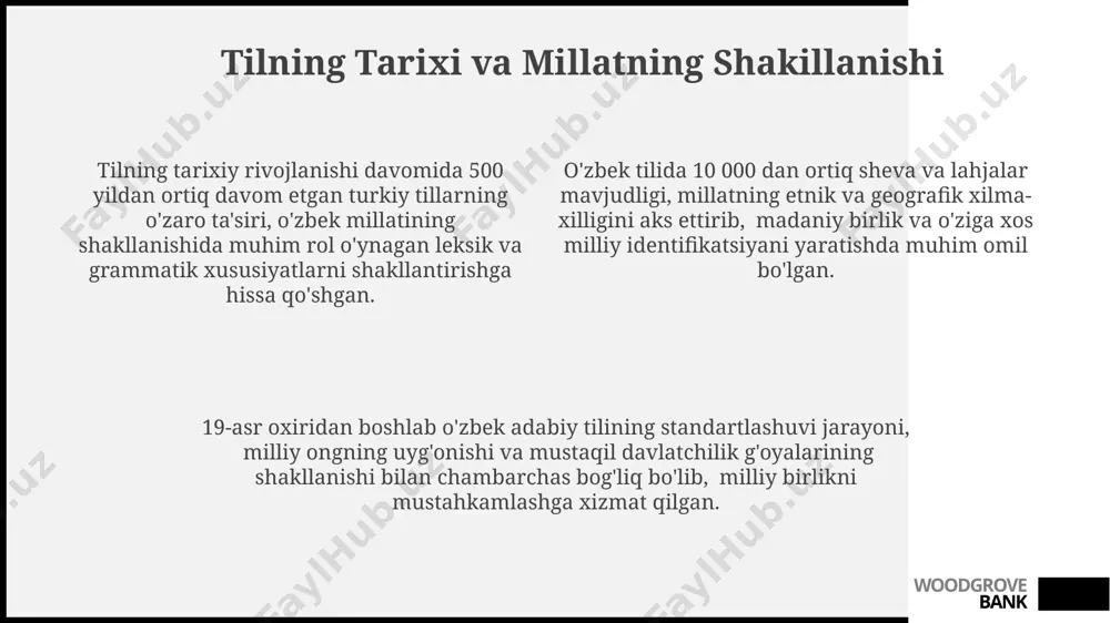 milliy madaniy an'analarga ta'siri tahlil qilinadi. "til va an'analar"da tarixiy manbalarga asoslanib, o'zbek tilining lug'aviy boyligi va uning 3000 yildan ortiq tarixiy rivojlanishi milliy identifikatsiyaning muhim omili sifatida ko'rib chiqiladi. kitobda 50 dan ortiq xalq og'zaki ijod namunalari, masalan, maqollar, topishmoqlar va qo'shiqlar tahlili orqali til va an'analar o'rtasidagi bog'liqlik ko'rsatiladi. woodgrove bank til va milliy g'urur til va milliy g'urur o'rtasidagi bog'liqlikni 1991-yildan keyingi o'zbekiston tarixida kuzatish orqali, davlat ramzlari va madaniy siyosatdagi o'zgarishlarni tahlil qilish mumkin. o'zbek tilining lug'at boyligi (taxminan 100,000 so'zdan ortiq) milliy madaniyat va an'analarni saqlashda muhim rol o'ynaydi, milliy ongning shakllanishiga ta'sir ko'rsatadi. so'nggi 20 yilda o'zbek tilining rasmiylashuvi va uning ta'lim tizimidagi o'rni kuchayishi, milliy birlik va g'ururni mustahkamlashga qaratilgan siyosiy strategiyaning bir qismidir. woodgrove bank til birliklari va millatning birligi umumiy adabiy tilning yo'qligi yoki zaifligi, millatning 10% dan ortig'i boshqa tillarni afzal ko'rsa, milliy birlik va o'z-o'zini anglash jarayoniga salbiy ta'sir …