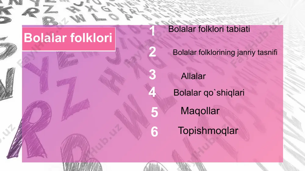 mazmundagi aytim-olqishlar suyish qo‘shiqlari erkalamalar, ovutmachoqlar, qiziqmachoqlar va qaytarmachoqlardan kattalar bolalarning tabiatga munosabatini shakllantirishda ham faol ishtirok etadilar. buning natijasida bolalar taqvimi va uni ifoda etuvchi marosim qo‘shiqlari yuzaga kelgan. bolalarning o‘z ijodkorligi va ijrochiligi hosilalari bo‘lgan qo‘shiqlar va o‘yinlar – o‘zbek bolalar folklorining asosini tashkil etadi. bolalar folklorining janriy tasnifi. so‘z va harakatning nisbatiga ko‘ra: 1.bolalarning maishiy qo‘shiqlari. 2. bolalarning o‘yin folklori. 01 02 chaqaloq besh va to‘qqiz kunga to‘lganda, ilk bor cho‘miltirilganda, beshikka ilk bor va har gal bog‘langanda, yana qayta ochib olinganda, ilk bor tish yoriganida, birinchi marta mustaqil o‘tirganida, ilk bor oyog‘ida tikka turganida, birinchi marta odimlaganida, “toy-toy”laganida, har gal yangi kiyim kiygizganda, ilk bor ovqat yeganida, qizaloq sochini ilk bor yuvganda-taraganda, o‘g‘il bola sochi ilk bor olinganda, chaqaloq tirnog‘i ilk bor qirqilganda, bolalar sha’niga har gal isiriq tutatilganda, xullas, urfiyatga aylangan va e’tiqod bilan amal qilinadigan shu xildagi rasm-rusumlarning har biri mazmuniga yarasha aytim-olqishlar mavjud. …