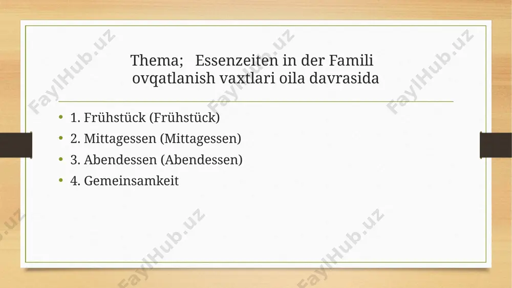 yig'ilib, go'sht, sabzavot va kartoshka kabi taomlardan bahramand bo'ladi. bu vaqt barcha uchun birgalikda bir-birlarining tajribalari haqida gaplashish vaqti hisoblanadi. abendessen (abendessen) das abendessen wird von 18:00 bis 20:00 uhr eingenommen. diese mahlzeit ist oft leichter. die familie kann salat, brot oder eine suppe essen. oft wird auch zeit für gespräche über den tag genutzt. kinder erzählen von ihren freunden, und die eltern geben ratschläge. kechki ovqat kechki ovqat 18:00 dan 20:00 gacha iste'mol qilinadi. bu ovqat ko'pincha yengilroq bo'ladi. oila salat, non yoki sho'rva iste'mol qilishi mumkin. ko'pincha bolalar do'stlari haqida gapiradilar, ota-onalar esa maslahat berishadi. gemeinsamkeit die gemeinsame zeit beim essen ist in vielen deutschen familien sehr wichtig. es fördert den zusammenhalt und stärkt die familiendynamik. bei festlichen anlässen, wie geburtstagen oder feiertagen, wird oft ein üppiges festmahl zubereitet, bei dem die gesamte familie zusammenkommt. ovqatlanish paytida birgalikda vaqt o'tkazish ko'plab nemis oilalarida juda muhimdir. bu oila birligini …