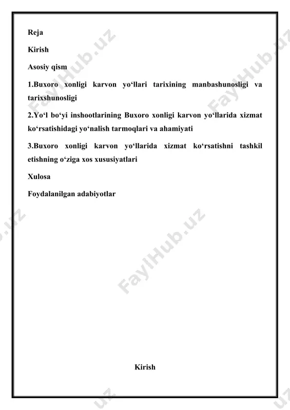 nuqsonlariga qaramay faoliyat yuritgan. xonlikning karvon yо‘llarida yо‘lboshlovchi, kirakash, tilmochlar xizmati mavjudligi, qо‘riqchilar xizmatining yо‘lga qо‘yilganligi, madaniy-maishiy xizmat kо‘rsatish, ya’ni karvon yо‘llarida, savdo markazlarida kishilarni oziq-ovqat va ulov vositalarini ozuqa bilan ta’minlanish darajasi, karvon yо‘llarida, savdo markazlarida tibbiy xizmat kо‘rsatishning yо‘lga qо‘yilganligi muhim ahamiyat kasb etgan. buxoro xonligi karvon yо‘llari tizimining muhim tarkibiy qismini yо‘lbо‘yi inshootlari – karvonsaroy, rabot, sardoba, kо‘prik va boshqalar tashkil etgan. ularni barpo etishda davlat xazinasidan mablag‘lar sarflanganligi muhim bо‘lgan. ot, tuya, xachir va eshaklar kabi ishchi hayvonlari yuk tashishda, shuningdek, aravalar xonlikning ichki va tashqi savdo aloqalari rivojida muhim о‘rin tutgan. ulardan karvon yо‘llarida yuk va mahsulotlarni tashishda asosiy ulov-transport vositalari sifatida foydalanilgan. ishchi hayvonlarning turlari narx-navosi turlicha bо‘lgan. xonlikda markaziy mahkamalar va mahalliy hokimiyat birgalikda karvon yо‘llarida xizmat kо‘rsatish tizimini tashkil etish, nazorat qilish, boshqarish funksiyalarini bajargan. 1.buxoro xonligi karvon yо‘llari tarixining manbashunosligi va tarixshunosligi buxoro xonligi mavjud bо‘lib turgan davrda (xvi-xviii asr) yaratilgan …